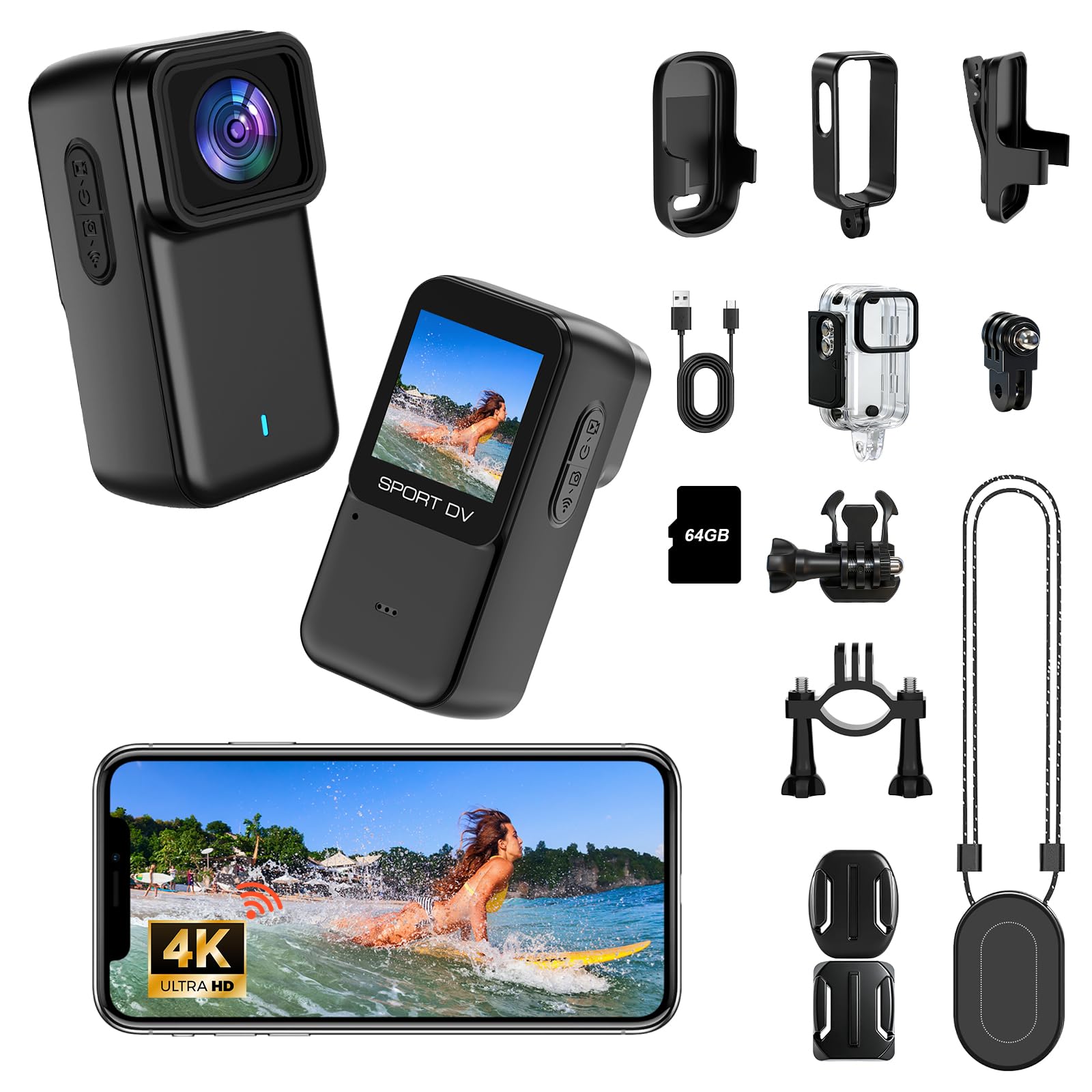 Photo 1 of 4k Mini Body Camera with WiFi 64g, Waterproof Action Camera with 1.47" Screen, Wearable Thumb Cameras, Magnetic Mount, 123° Wide Angle Hands-Free POV Recording for Tiktok, Vlogging, Motorcycle