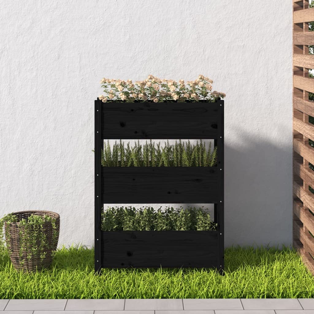 Jardinière Noir 77x25x104,5 cm Bois Massif de Pin - Carré Potager Vertical 3 Bacs pour Balcon, Jardin et Terrasse - Lit Surélevé Robuste et Grand Espace de Plantation