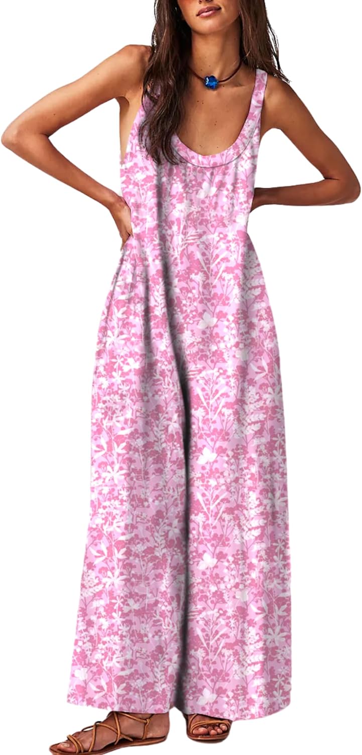 Antnation Womens Floral Reversible Jumpsuit Sleeveless Wide-Leg One Piece with Pockets Casual Summer Romper