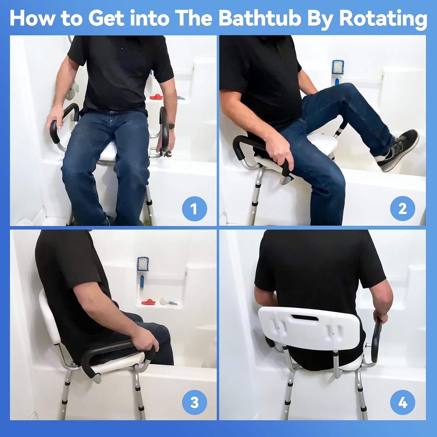 Swivel Shower Chair: 400 lbs Heavy Duty Shower Chair for Elderly Disabled Injured - Height Adjustable Shower Stool with Arms & Back - Non-Slip Rotating Shower Bench Seat for Tubs (Dark Blue)