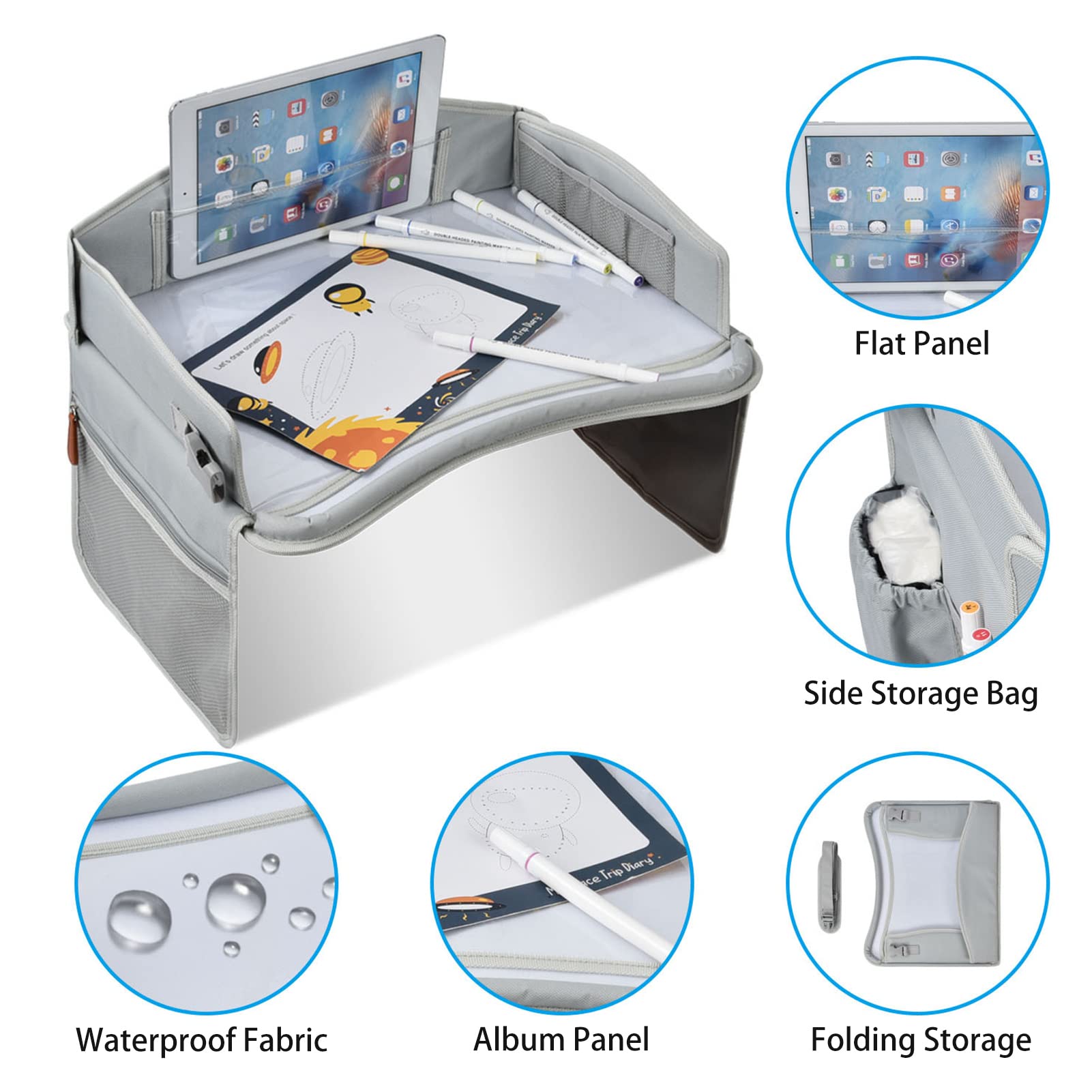 Gomice Vassoi per seggiolini Auto per Bambini - Vassoio da Viaggio Durevole con Supporto per Pad Touch Screen e Tasca Laterale - Accessorio da scrivania da Viaggio per Passeggino e Aeroplano