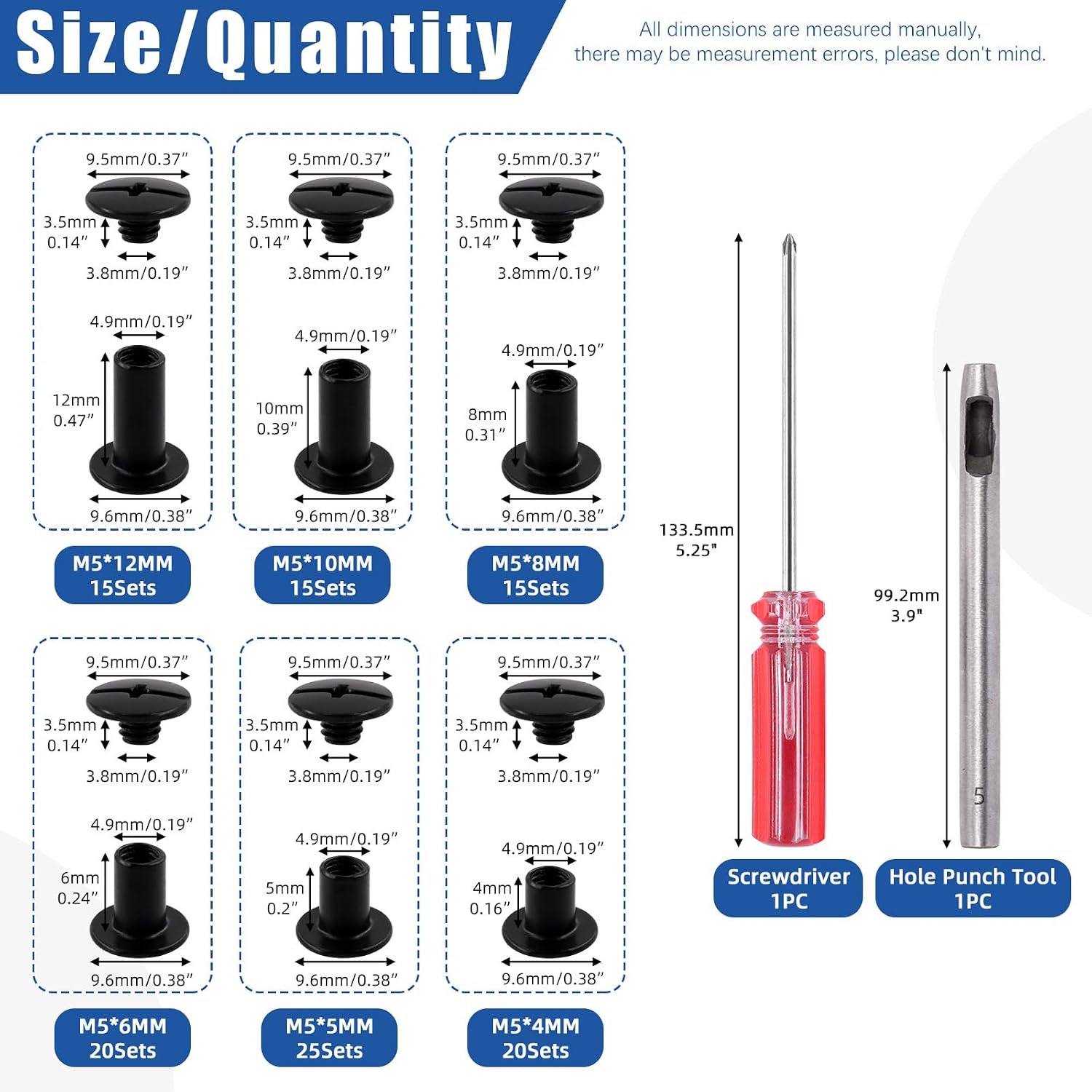 Glarks 110 Sets 6 Sizes Chicago Screws Leather Rivets with Punch and Screwdriver Kit, M5 x 4/5/6/8/10/12mm Chicago Button Binding Post Screw Nail Rivets for DIY Leather Craft Bookbinding (Black)
