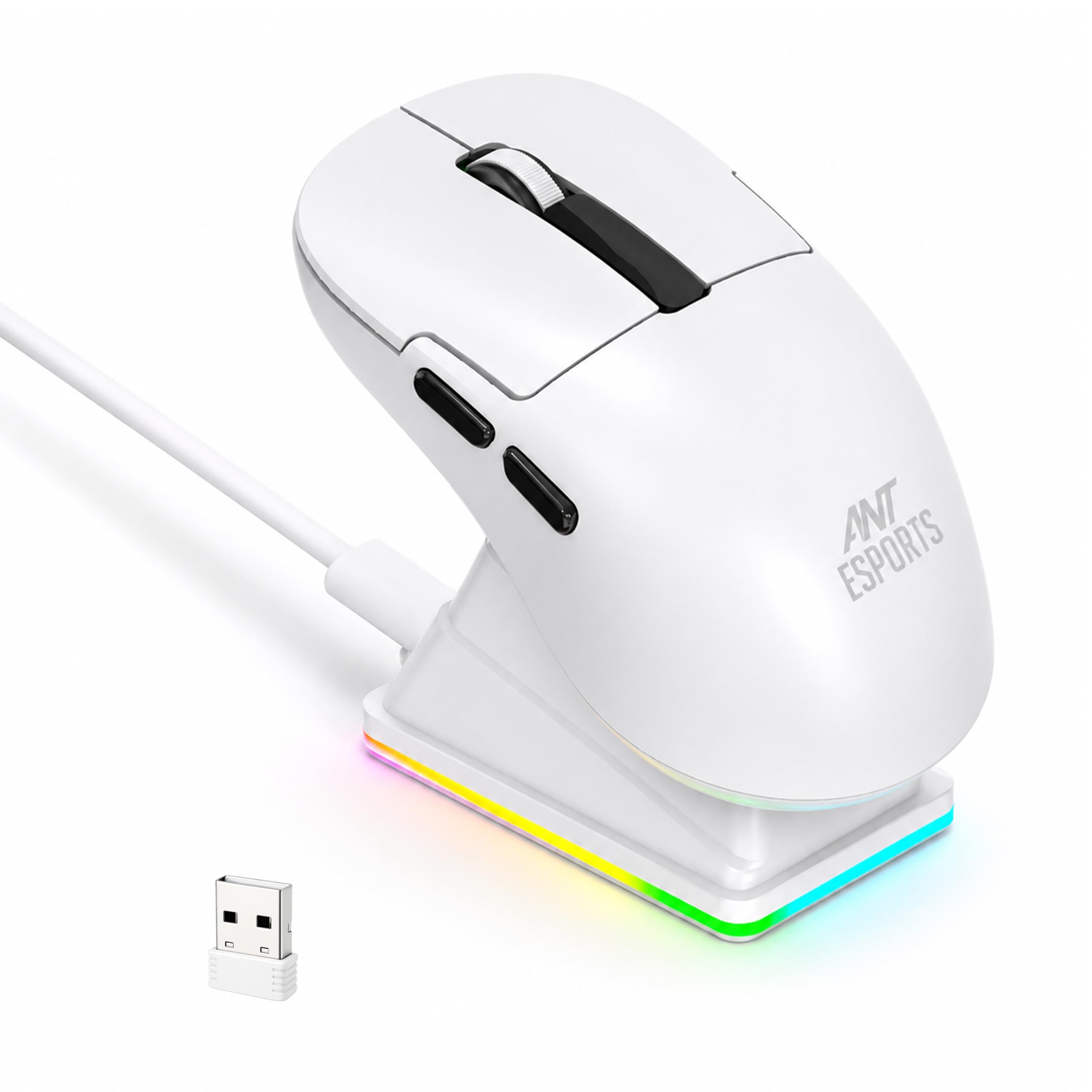 ant esports gm810 pro rgb rechargeable wireless gaming mouse with charging dock - high-precision sensor long-lasting battery up to 6000 dpi pc gaming mouse - wired and wireless mouse for pc – white