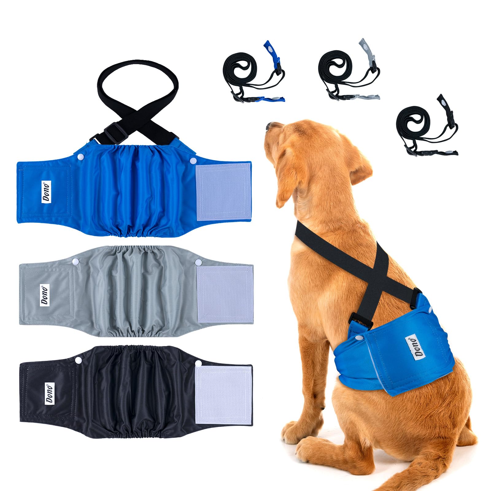 Dono Washable Belly Bands for Male Dogs 3 Pack, Reusable Dog Diapers, Super-Absorbent Doggie Puppy Male Wraps, Blue Black Gray, Small