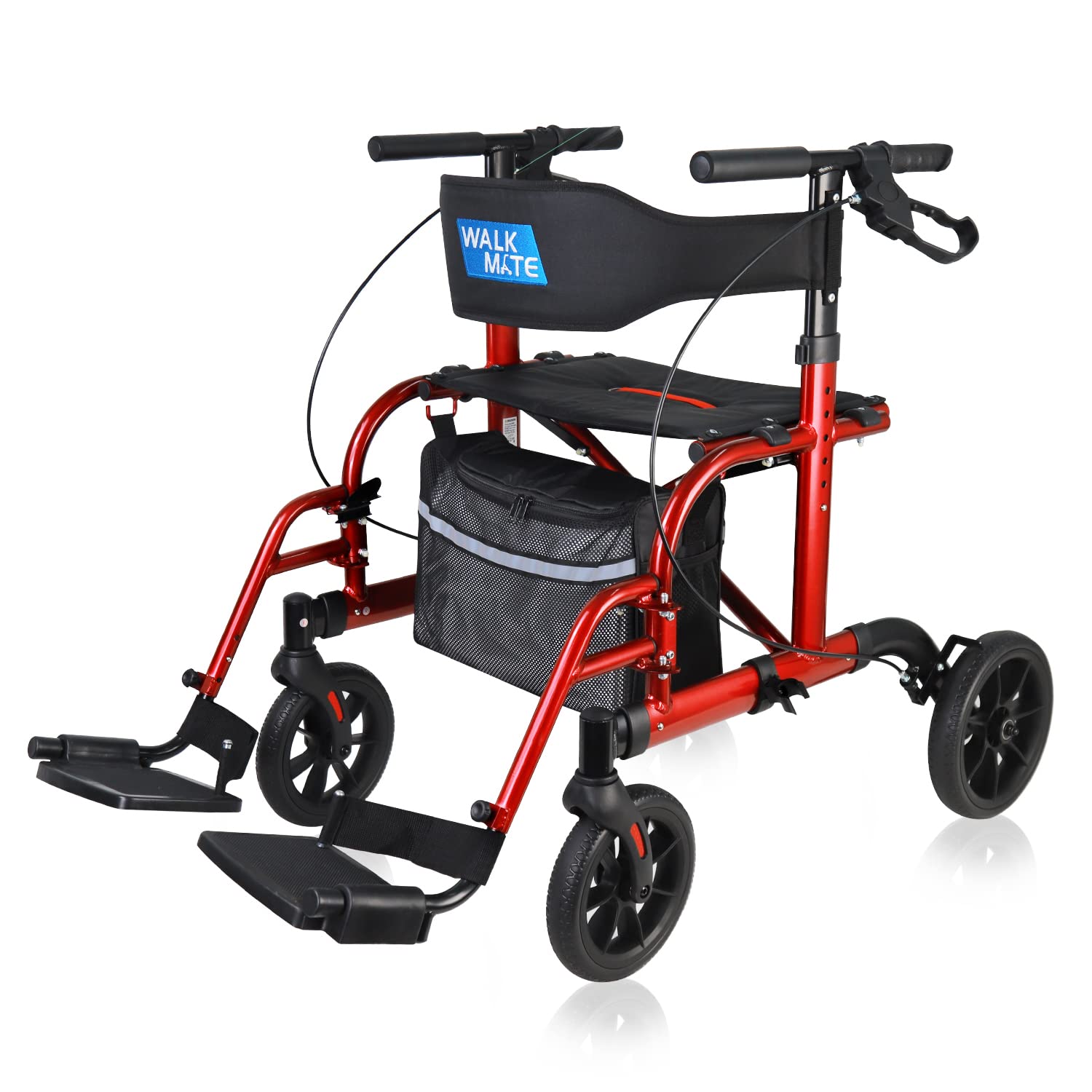 Photo 1 of WALK MATE- Updated Rollator Walker Transport Chair Hybrid with Seat for Seniors Adults Medical Rolling Walker-10 Inch Large Wheels Detachable Adjustable Footrests Folding Wheelchair Red