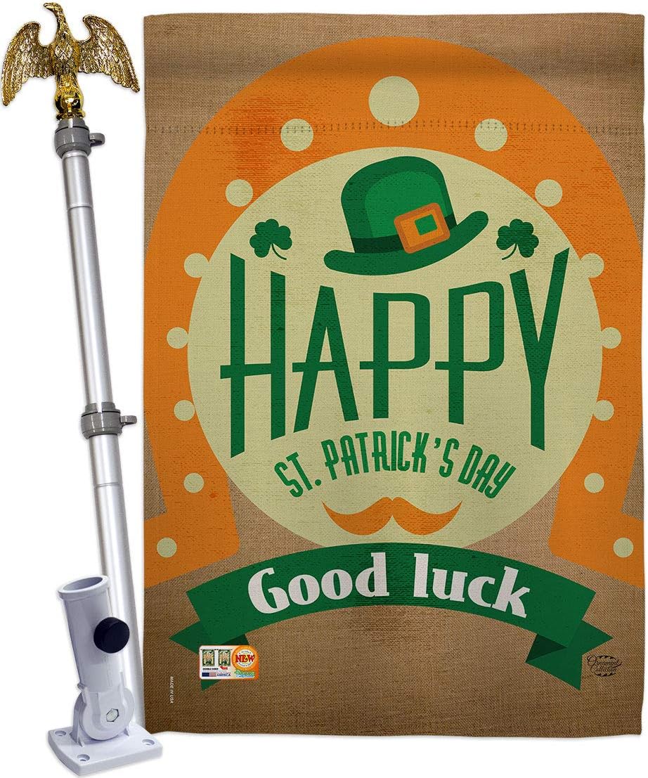 Good Luck St Patricks Day House Flag Springtime Patrick Shamrock Leprechaun Lucky Coin Holiday March Irish Clover Small Decorative Gift Yard Banner Double-Sided Made In USA 28 X 40