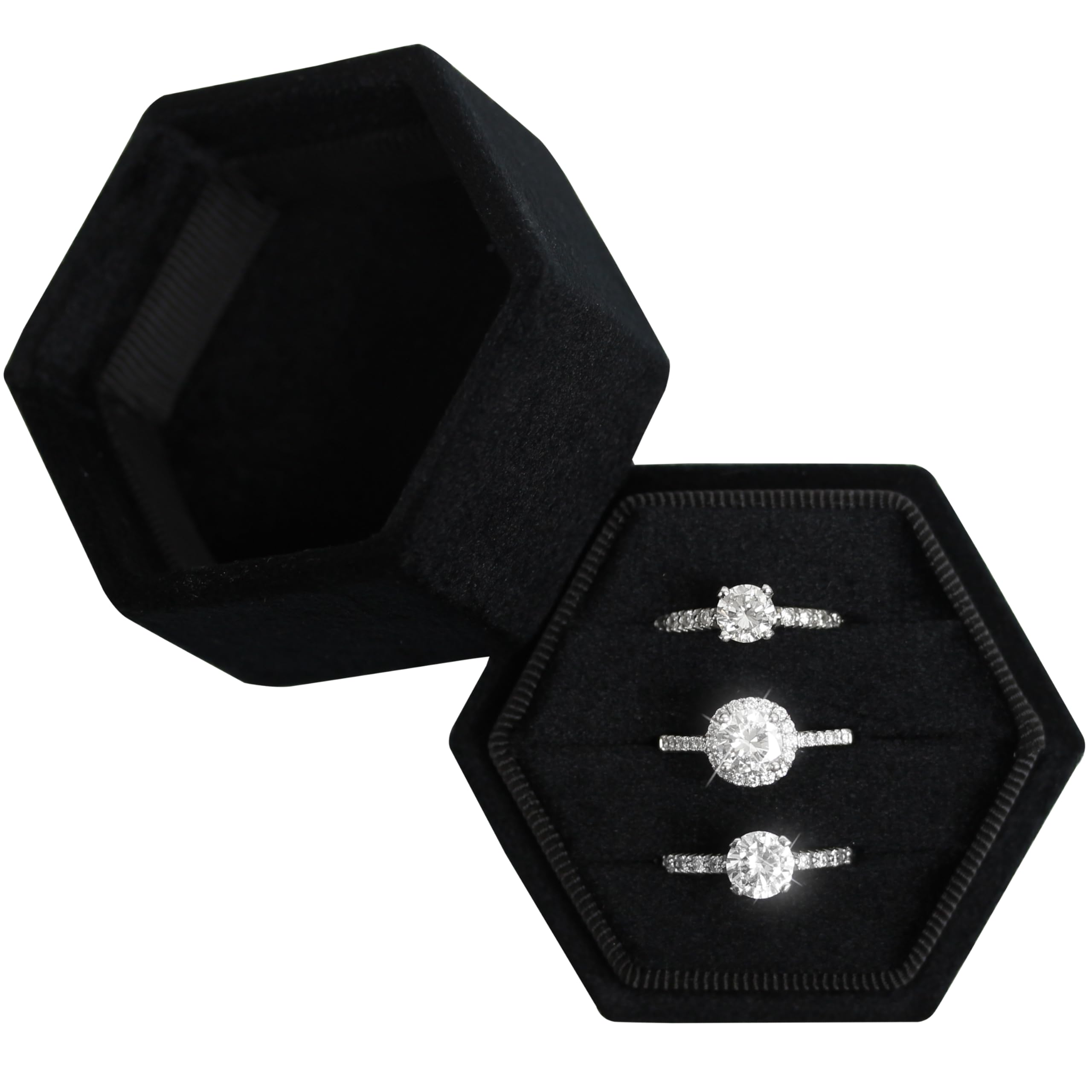 BLUTETE Velvet Jewelry Ring Box Hexagon 3 Slots Wedding Day Ring Box Premium Vintage Ring Display Holder Case