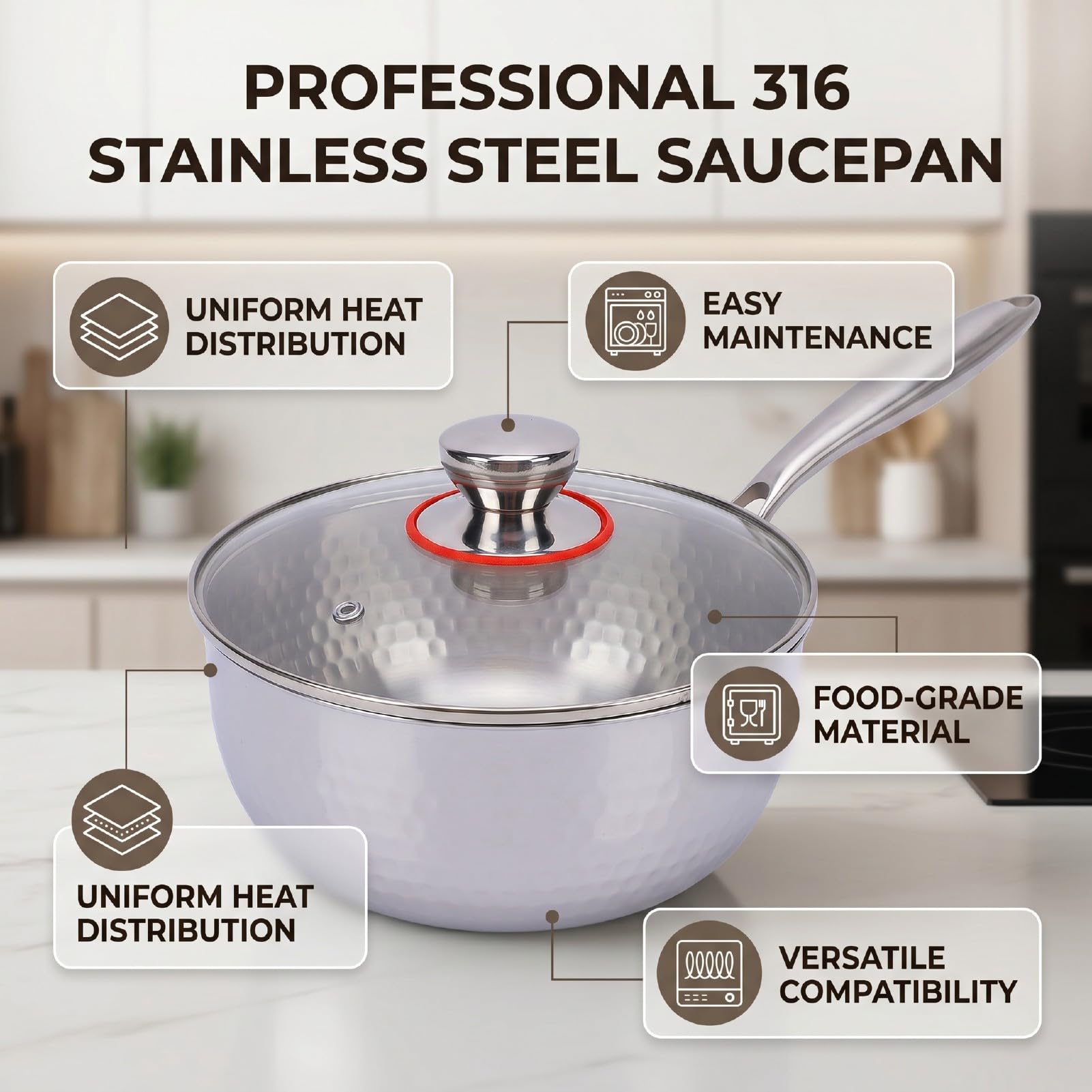 GOWENIC Rondel ze Stali Nierdzewnej SUS316 Nonstick Uniwersalny Rondel z pokrywką 5-warstwowa Podstawa Kompatybilny z indukcją Można myć w Zmywarce Garnek do Gotowania w Kuchni