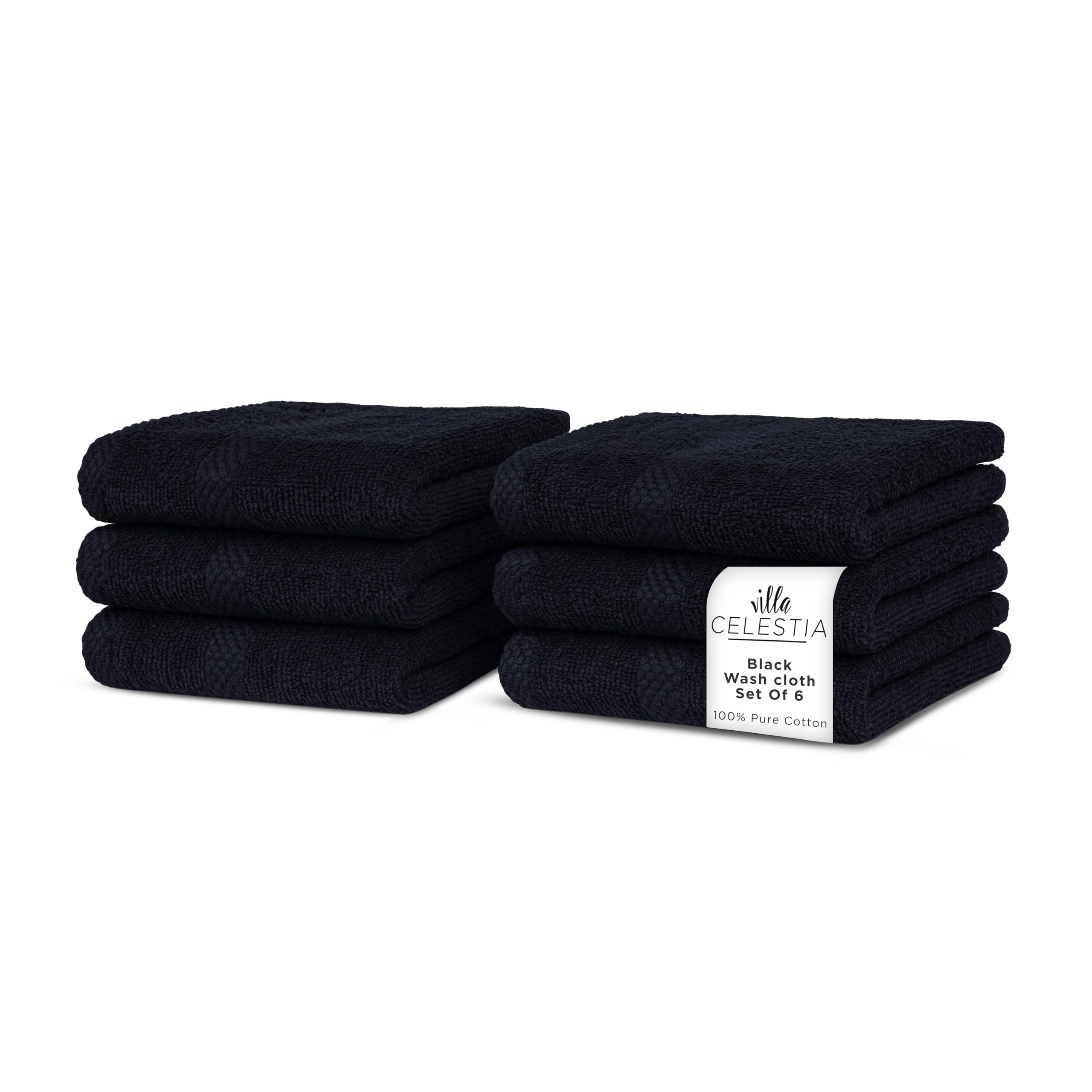 Villa Celestia Cotton Washcloths Set of 6, 12x12 Inch, 100% Ring-Spun Combed Cotton, Soft Absorbent Quick-Dry Wash Cloths for Face and Body, Oeko-TEX Certified, Hotel &amp; Spa Quality, Black