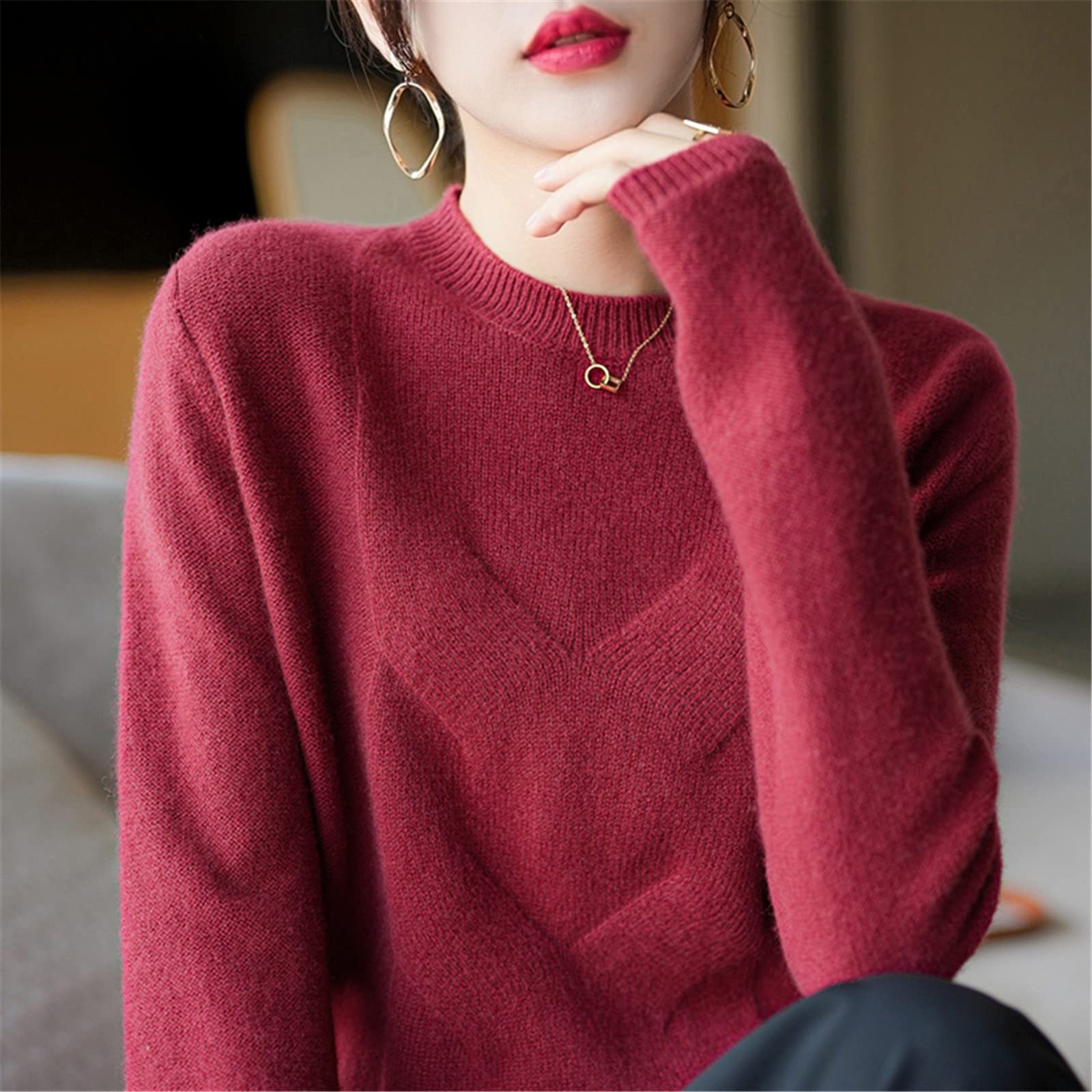 Kelsiop 100% lana merino suéter de las mujeres cuello redondo suéter otoño invierno moda punto parte inferior camisa, gris, XXL
