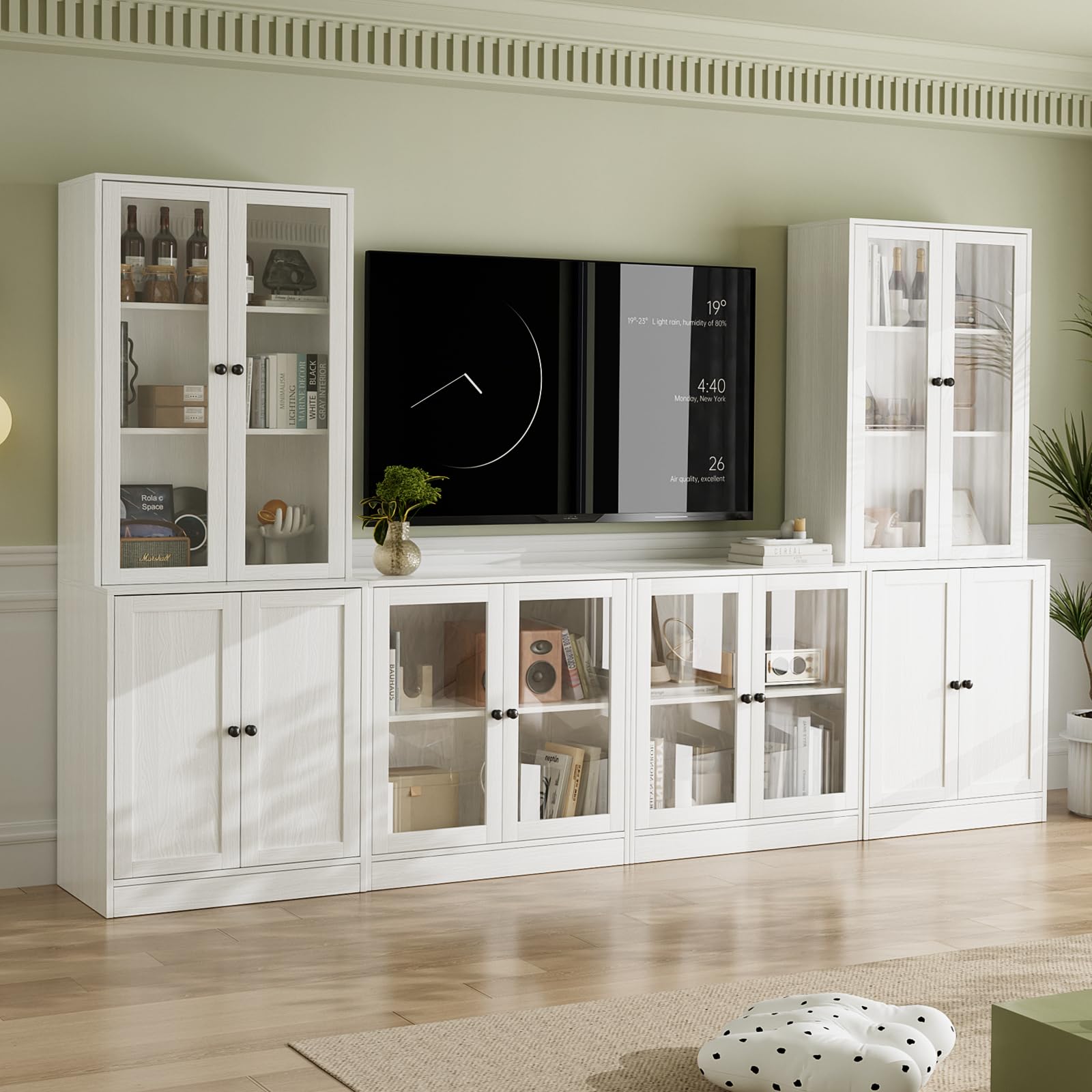 VOWNER Grande Mobile TV Soggiorno 180 cm per TV fino a 70 Pollici，Centro di Intrattenimento con Scaffali, Libreria Combinabile per Soggiorno, 2B+2D (Bianco)