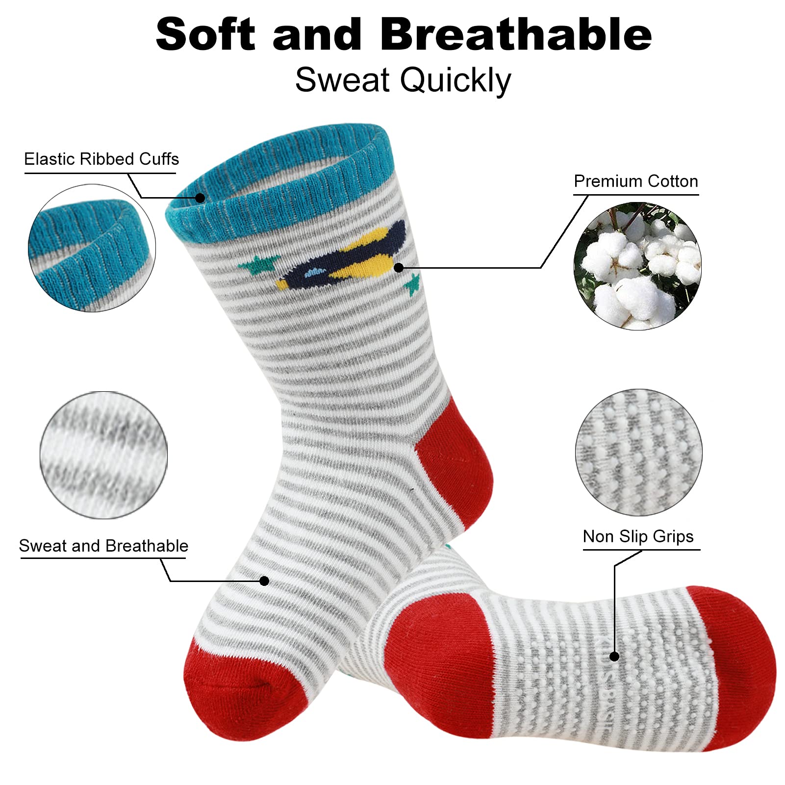 Yafane 12 Pares de Calcetines Antideslizantes para Niños Niñas Recien Nacido Unisex Pequeños Algodón Lindo con Puños Calcetines Antideslizantes para Bebés — view 2