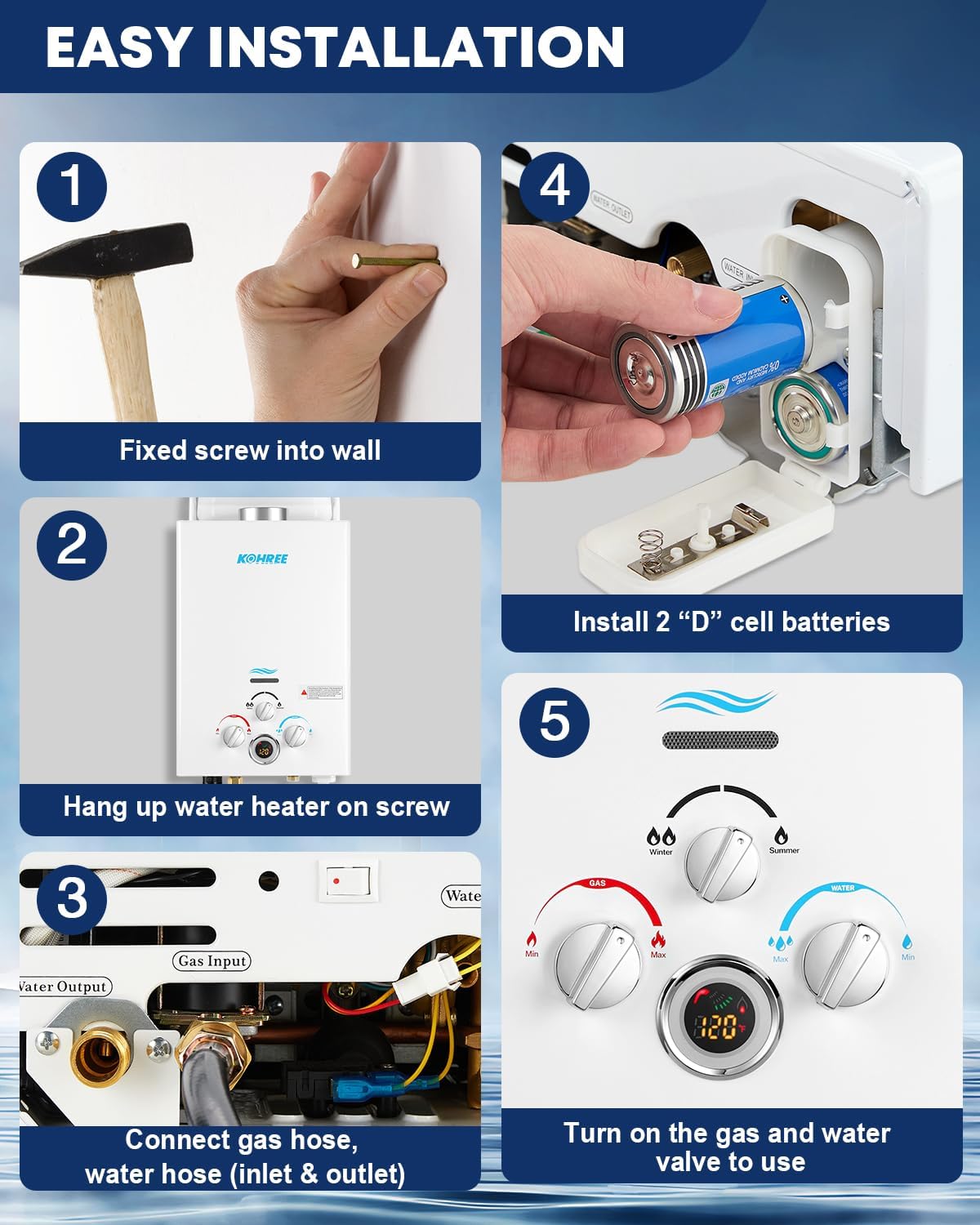 Kohree Tankless Water Heater Propane, 6L 1.58 GPM Portable Tankless Water Heater with Handle, On Demand Instant Hot Water Heater with Overheating Protection, for RV Camping, Outdoor Shower, White