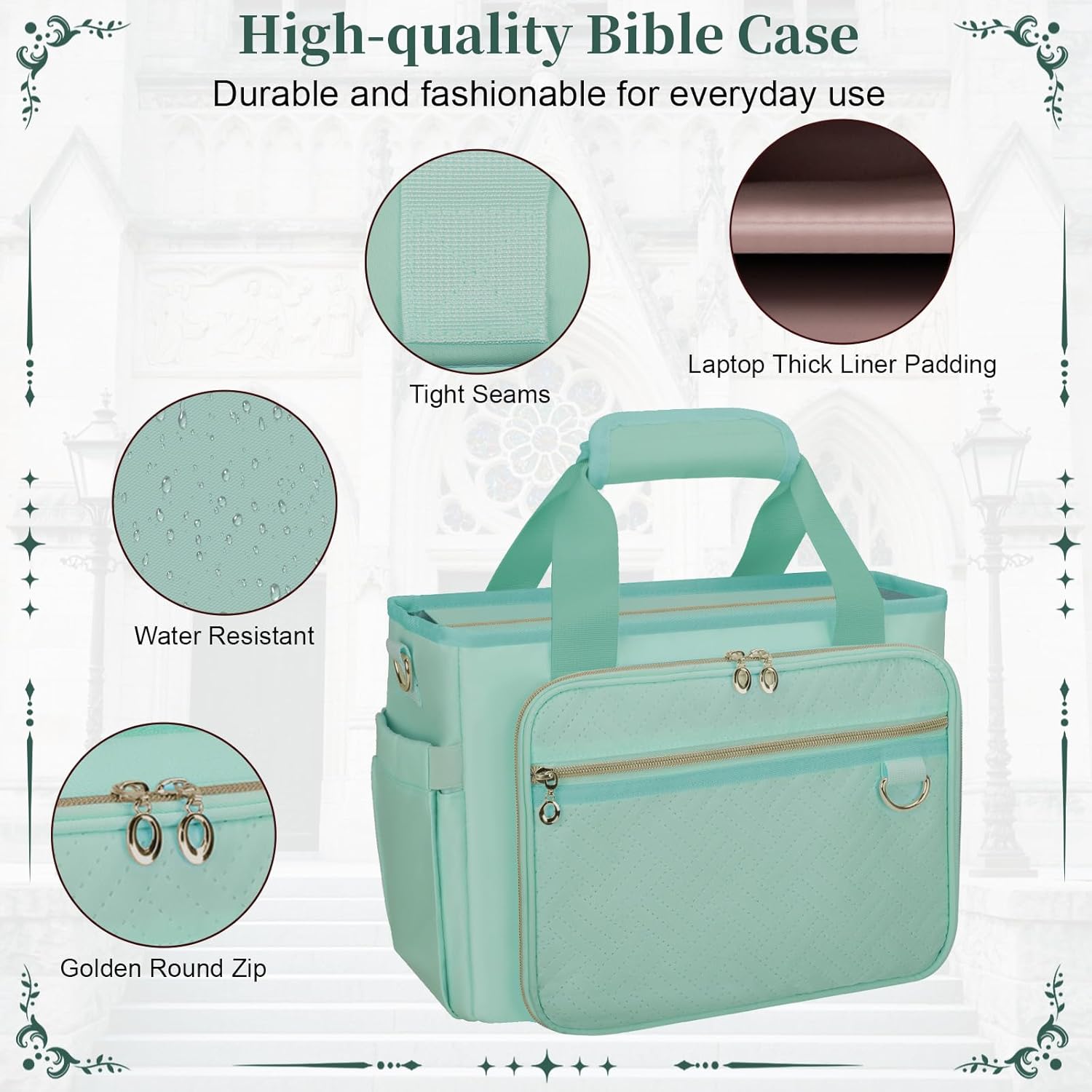 Large Bible Cover Case for Women, Bible Cover with Book Sleeve, Thick Padded Bible Case, Working Bible Tote Bag with Laptop and Bottle Pockets, Church Bag, Bible Bags for Women, Girl, Green - Image 6