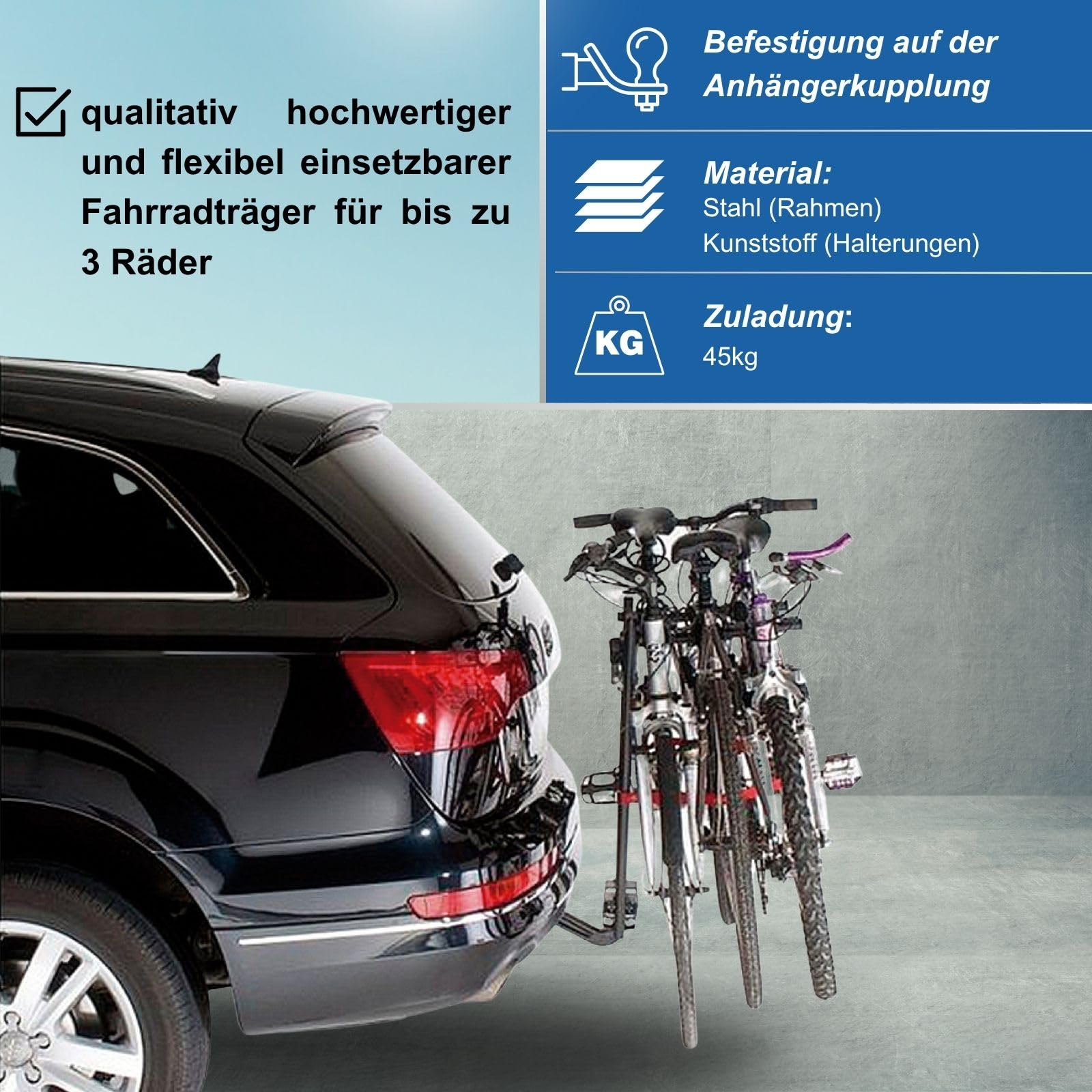 VDP Porte-vélo pour attelage de remorquage - Support pour 3 vélos - Porte-vélo auto compact pliable - Support embrayage voiture - Porte-vélo embrayage noir - Facile à utiliser