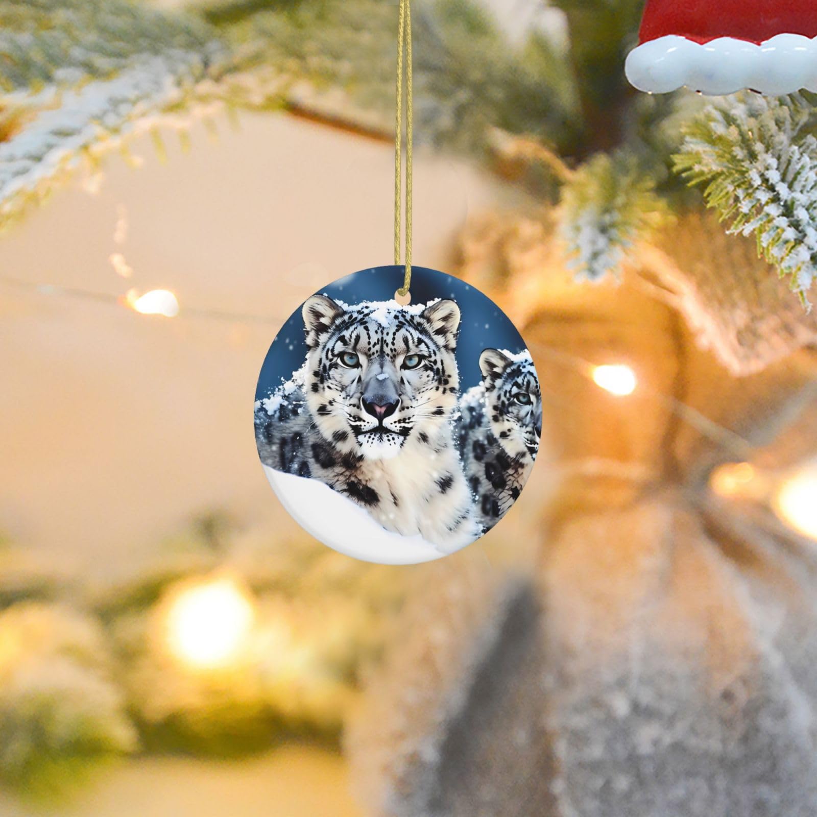 2025 Christmas Tree Decoration Hanging Round Ornament Blue Eyed Snow Leopard Ceramic Ornaments Christmas Tree Decorations Round Pendants for Xmas Tree Winter New Year Party Supplies