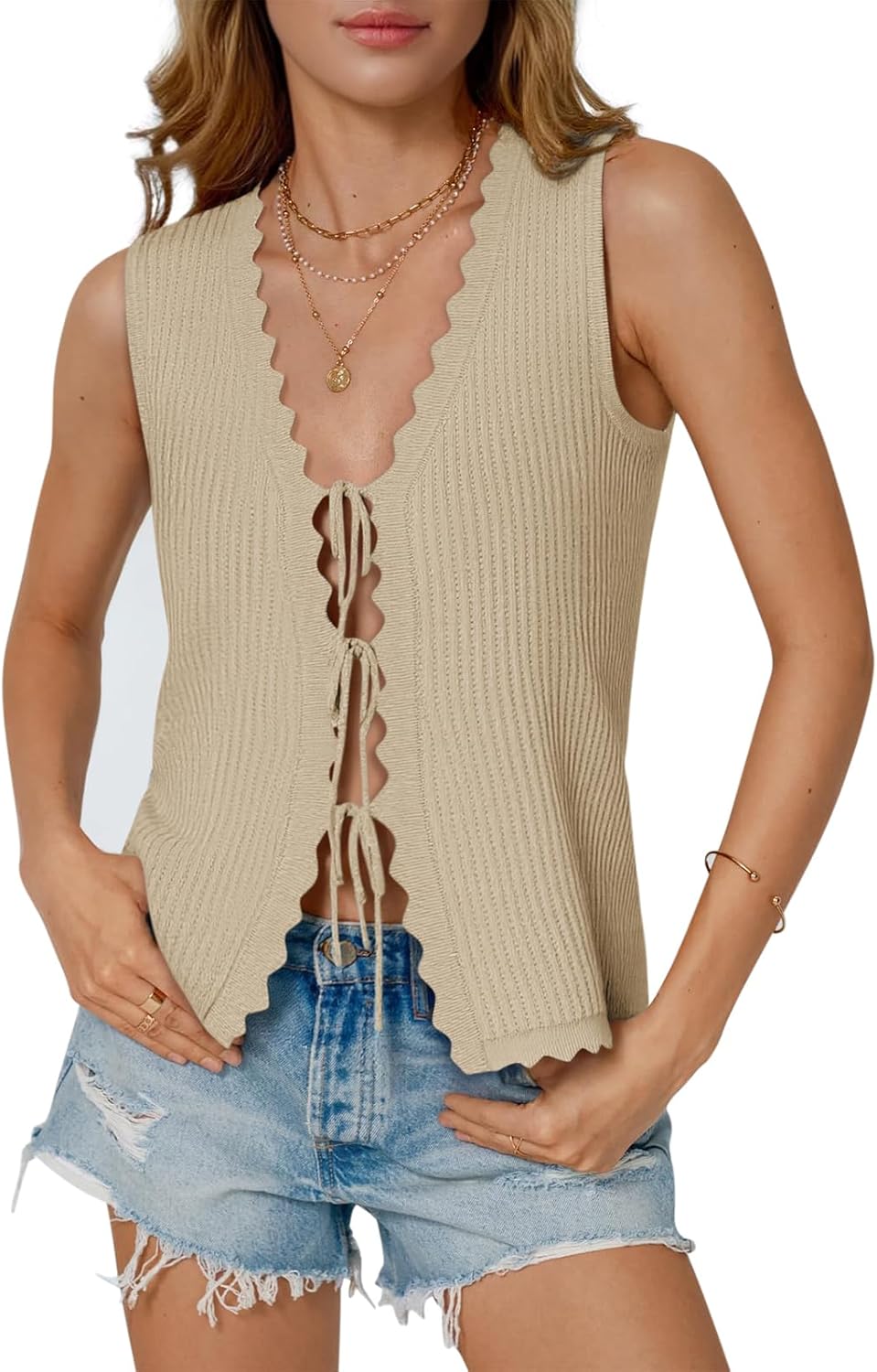 Womens Tie Front Tops Trendy 2026 Summer V Neck Sleeveless Sweater Vests Fashion Cute Crochet Knit Tops - Image 2