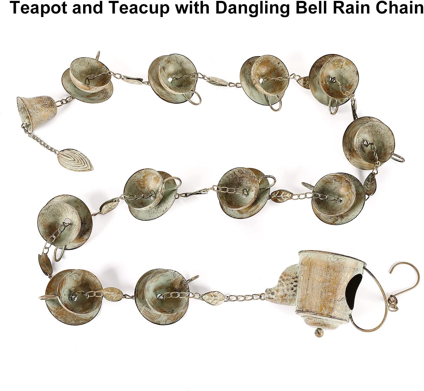 Jemeni Teapot & Teacups Rain Chain, 8.5 Ft Copper Patina Rain Chain for Gutters, Decorative Downspout Replacement with Hanging Bell
