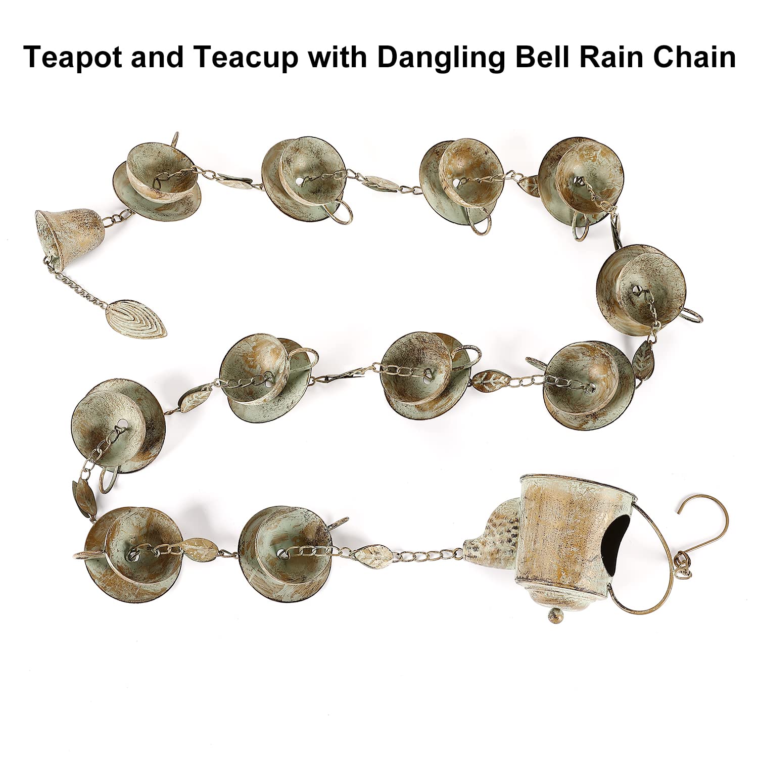 Jemeni Teapot w/Teacups Rain Chains, 8.5Ft Length Replacement Downspout for Gutters, Copper Patina Finish………