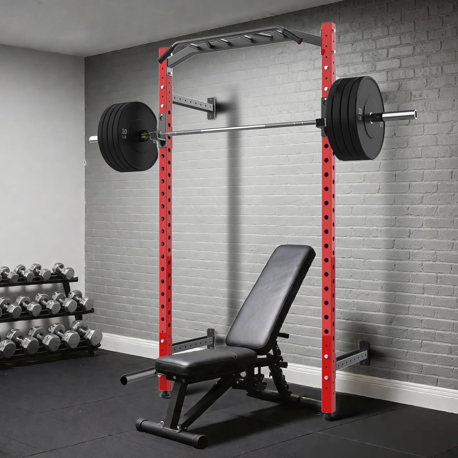 Wall Mounted Power Rack, Heavy Duty Power Rack for Home Gym, Multi-Grip Pull Up Bar with J-Hooks & Landmine Attachment, Space-Saving Wall-Mount Strength Rack for Garage Gym