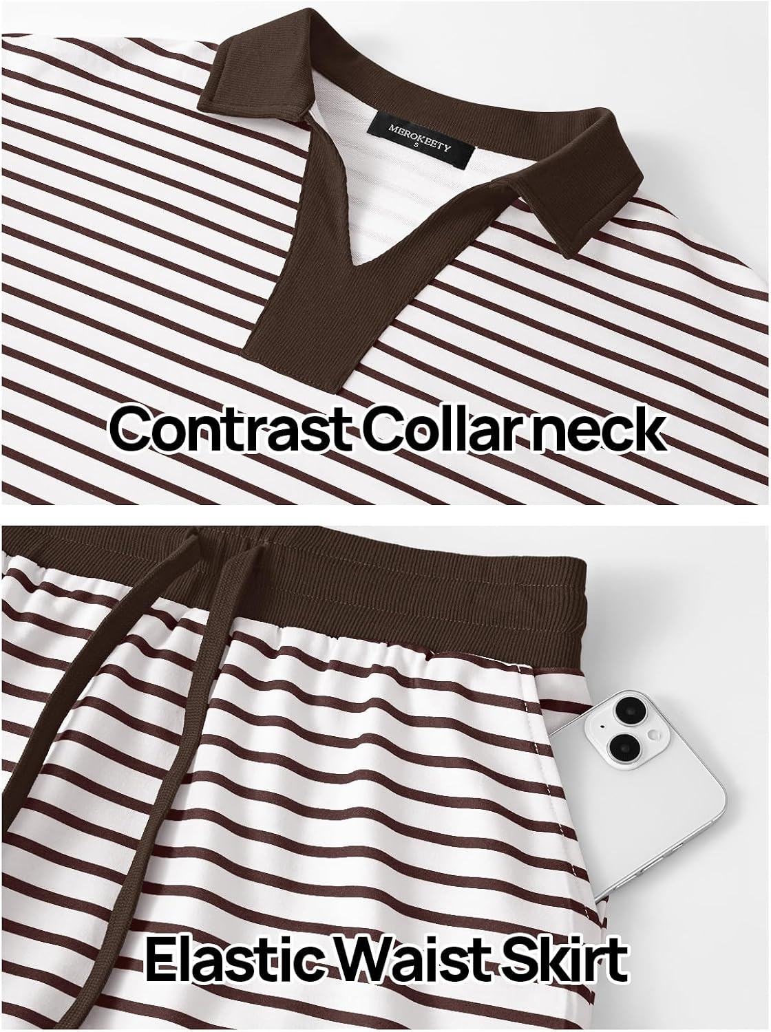 MEROKEETY Women's Striped 2 Piece Outfits Casual Skirt Set Workout Short Sleeve Polo Shirt Skort Matching Lounge Sets