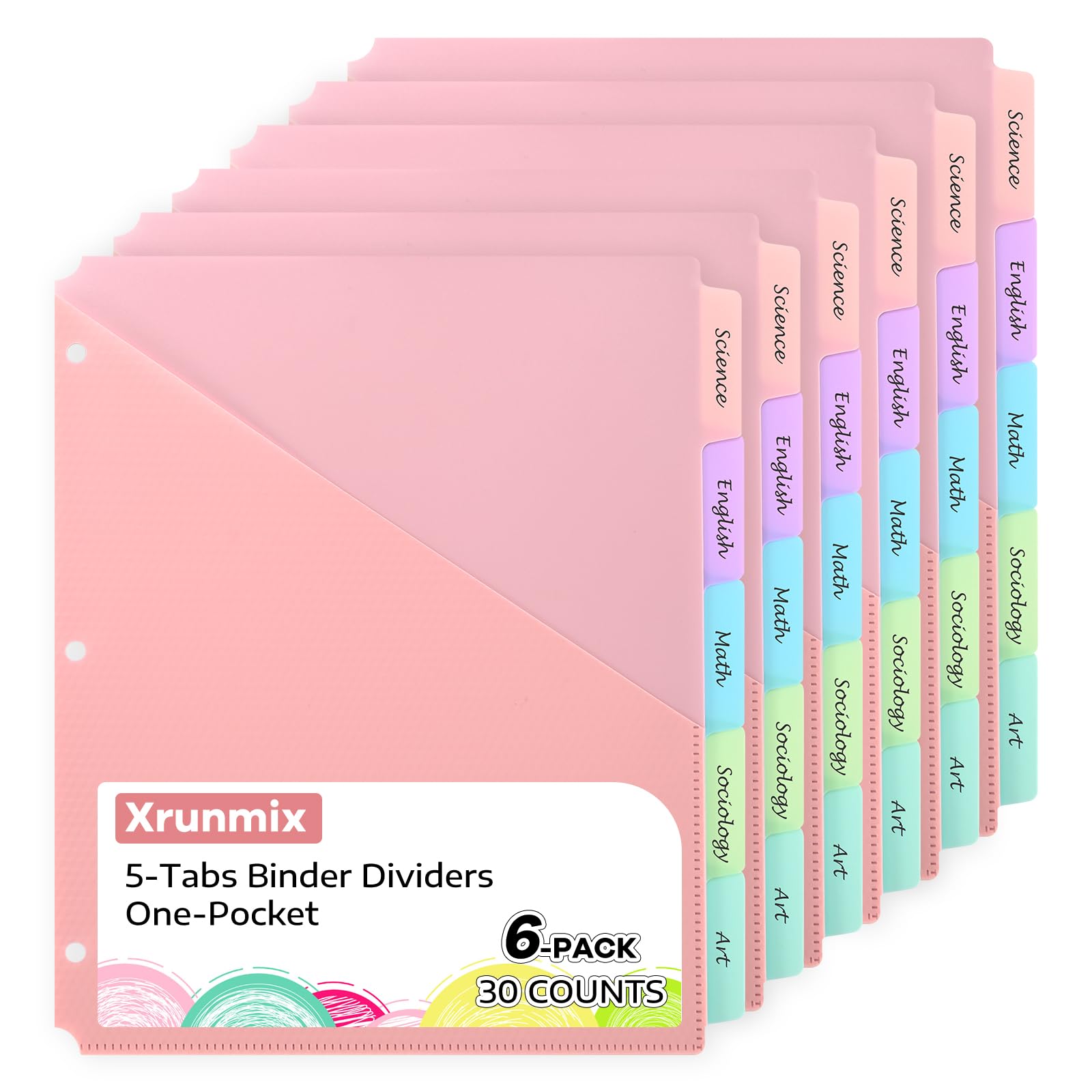 5 Tabs Dividers with One Pockets for 3 Ring Binder, 5 Counts Binder Dividers for US Letter Size, Binder Dividers with Tabs for School Office and Home