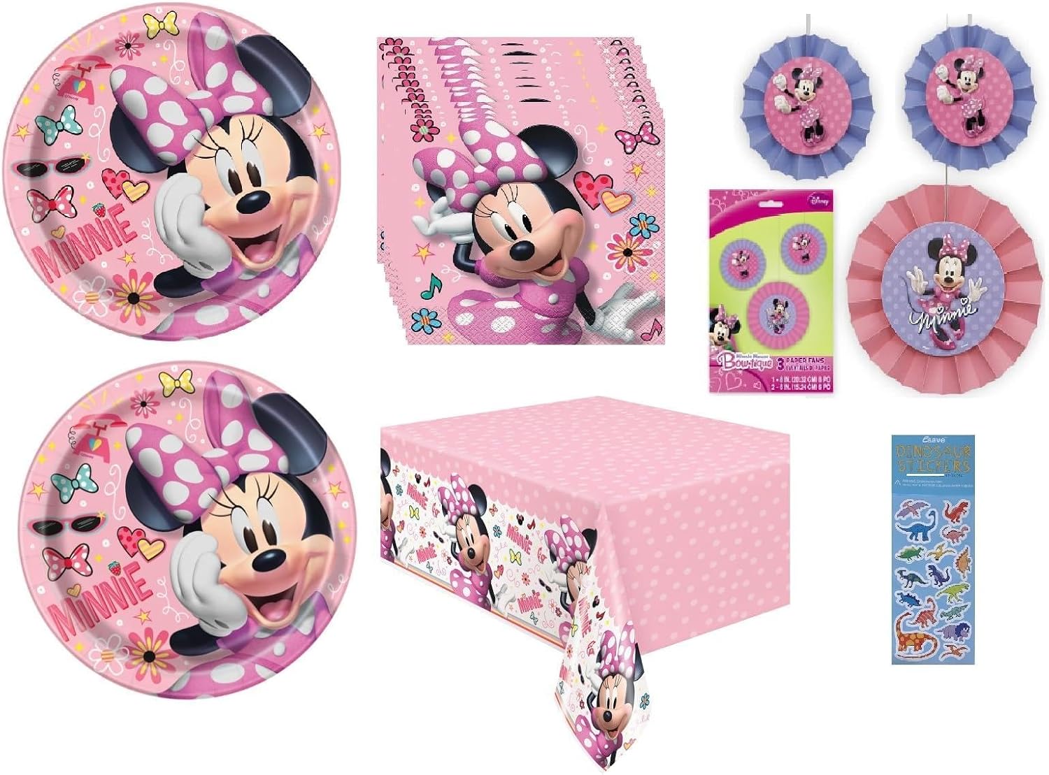 Disney Minnie Mouse Birthday Party Supplies Decoration Bundle Pack includes 16 Paper Plates,16 Napkins, 1 Plastic Table Cover, 1 Happy Birthday Banner, 3 Hanging Fans, 1 Dinosaur Sticker Sheet