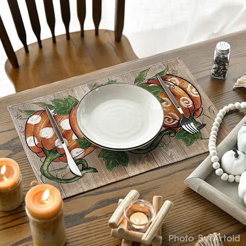 Miniatura 4 de Artoid Mode Juego de 4 manteles individuales de Acción de Gracias con lunares, calabazas, vid, 12 x 18 pulgadas, para decoración de fiestas, cocina,