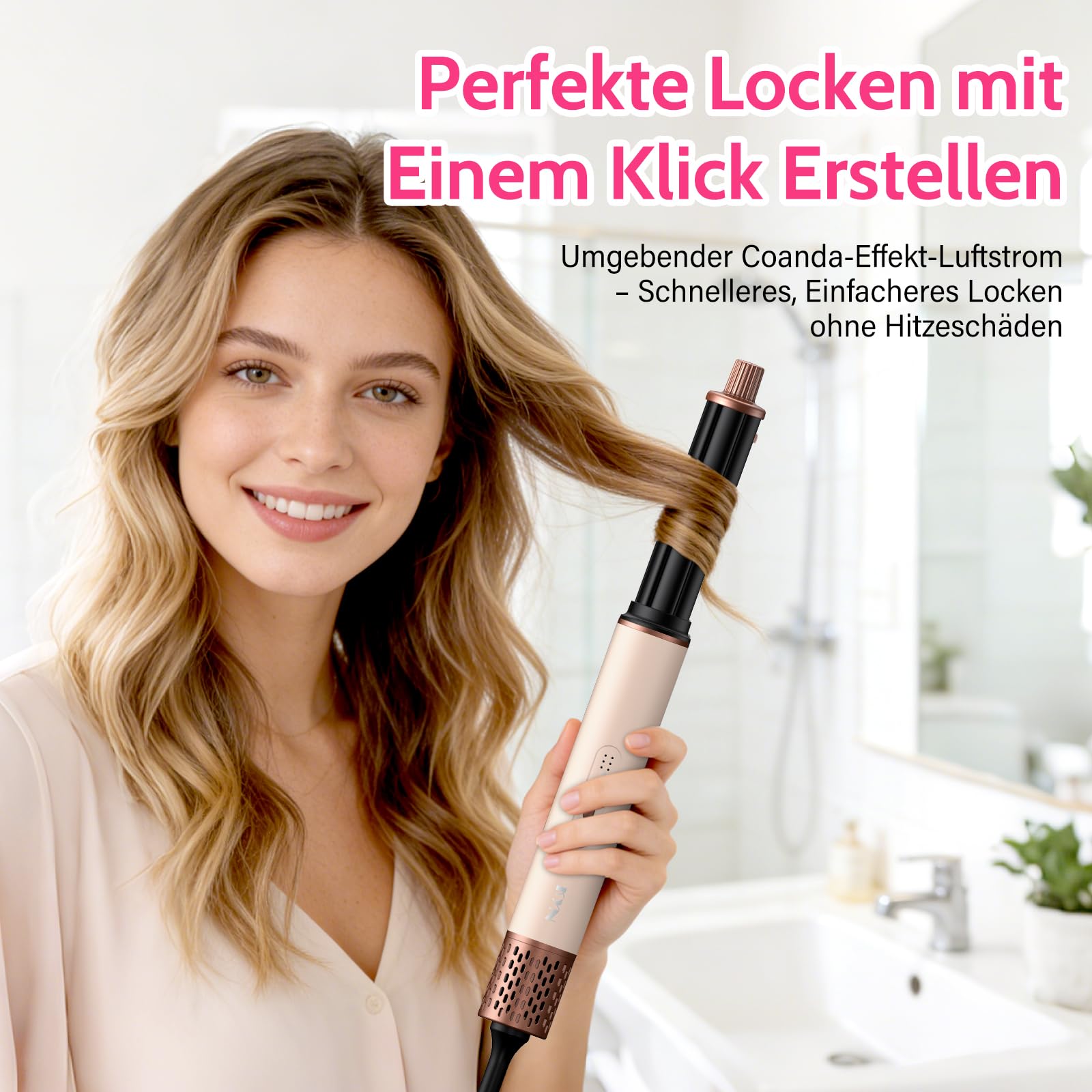 6 in 1 Hairstyler,1400w Hochgeschwindigkeits Airstyler rundbürstenföhn mit Lockenstab Automatisch, Warmluftbürste, Glättbürste,Haarstyler für Trocknen, Locken, Glätten, Volumen