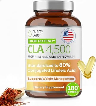 Purity Labs CLA Supplements 4500MG - Non-GMO Safflower Oil - Supports Energy, Weight Loss, Heart Health, and Muscle Health - 180 Soft gels