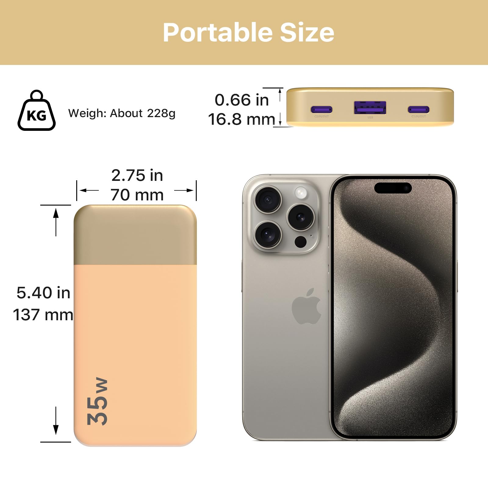 Cargador portátil NOBIS, Power Bank de 10000mAh con Carga rápida, Banco de batería con Cable C a C, Banco de batería con Pantalla Digital para Phone, Pad, Android, etc. (Naranja, 35W)
