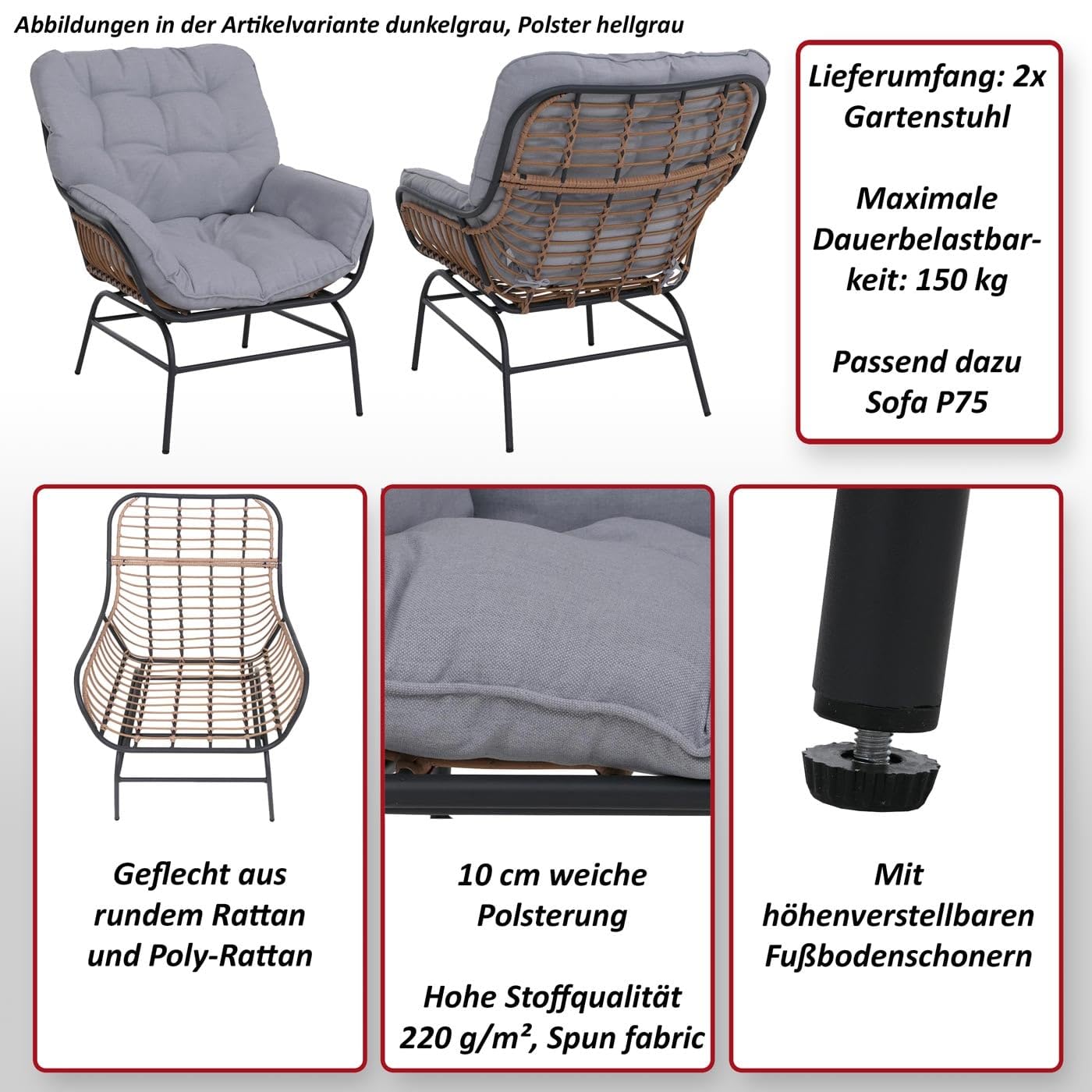 Mendler 2er-Set Gartenstuhl HWC-P75 Stoff - hellgrau, Polster beige | Gartensessel, Loungesessel, 220g/m², Poly-Rattan, Metall