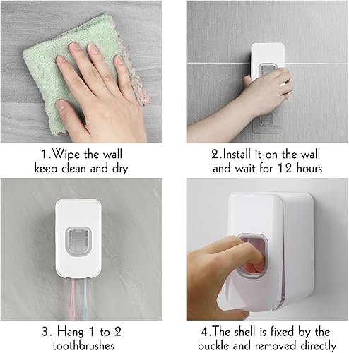 Miniatura 5 de Soporte para cepillos de dientes con 2 ranuras y dispensador de pasta de dientes montado en la pared, exprimidor automático de pasta de dientes, 2