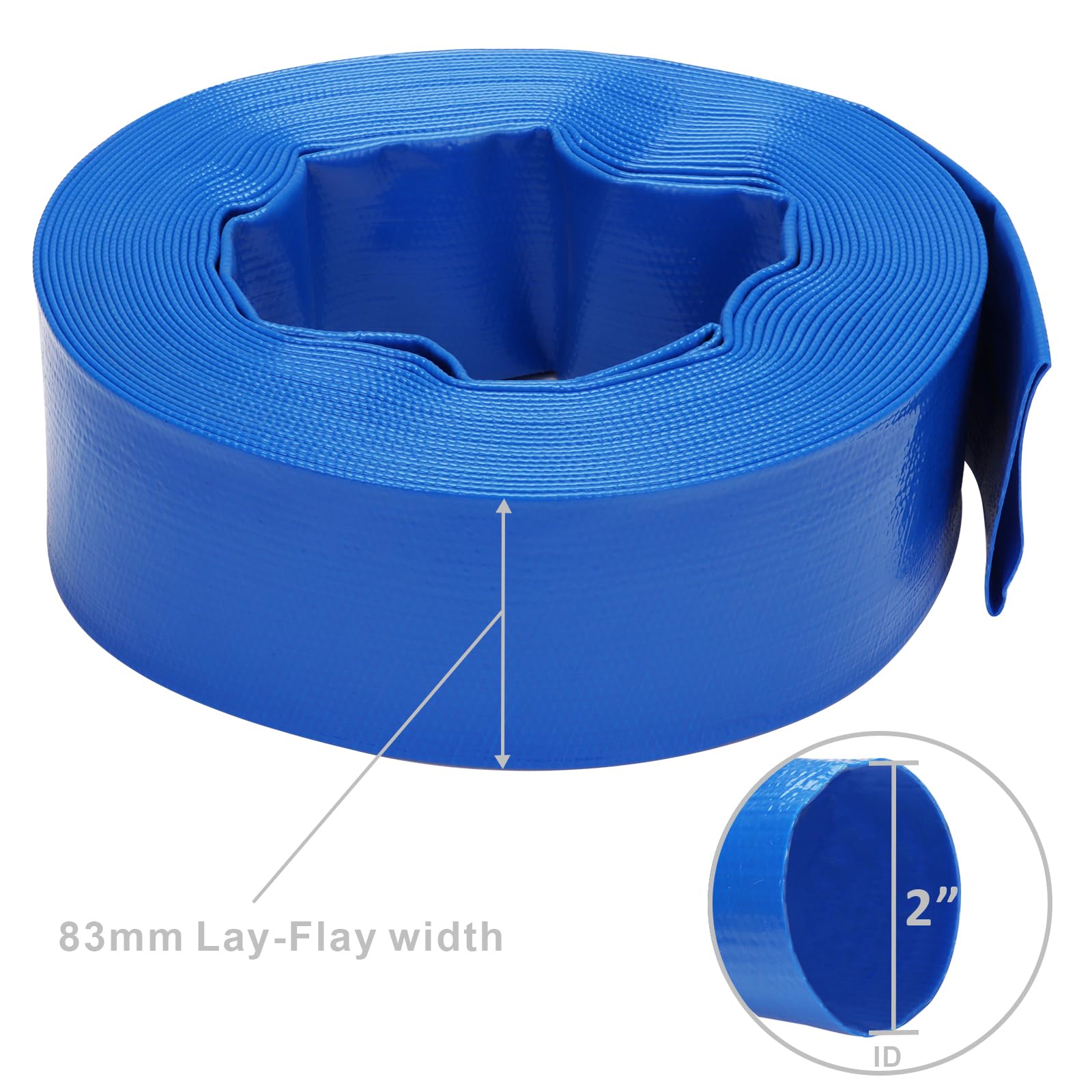 Lay-Flat - Manguera de descarga de PVC reforzada de 2 pulgadas x 50 pies, manguera de drenaje de piscina de vinilo resistente a la intemperie para transferencia de agua con 2 abrazaderas