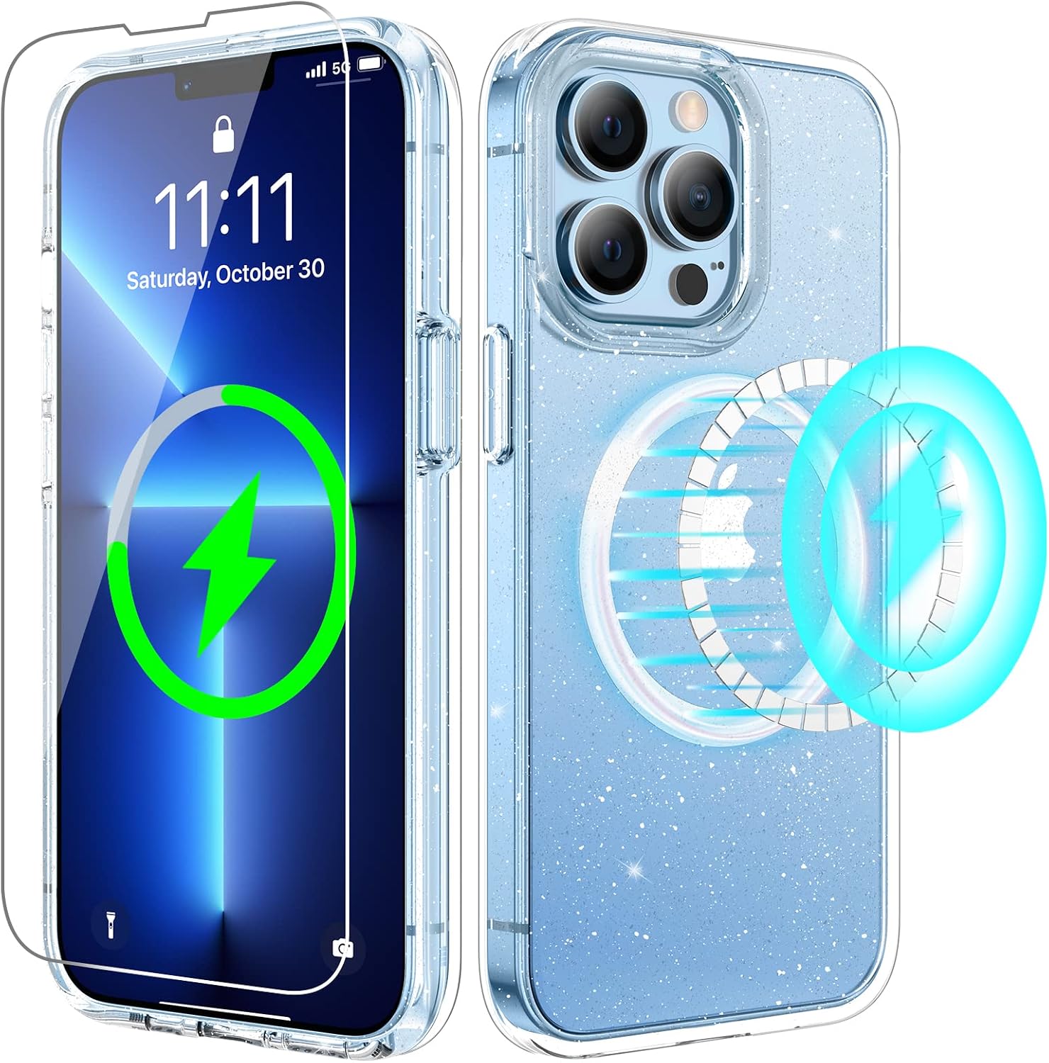 Ruky Magnetic Case for iPhone 13 Pro Max Compatible with MagSafe, iPhone 13 Pro Max Case with Screen Protector Crystal Bling Sparkle for Women Glitter Case for iPhone 13 Pro Max 6.7", Clear Glitter