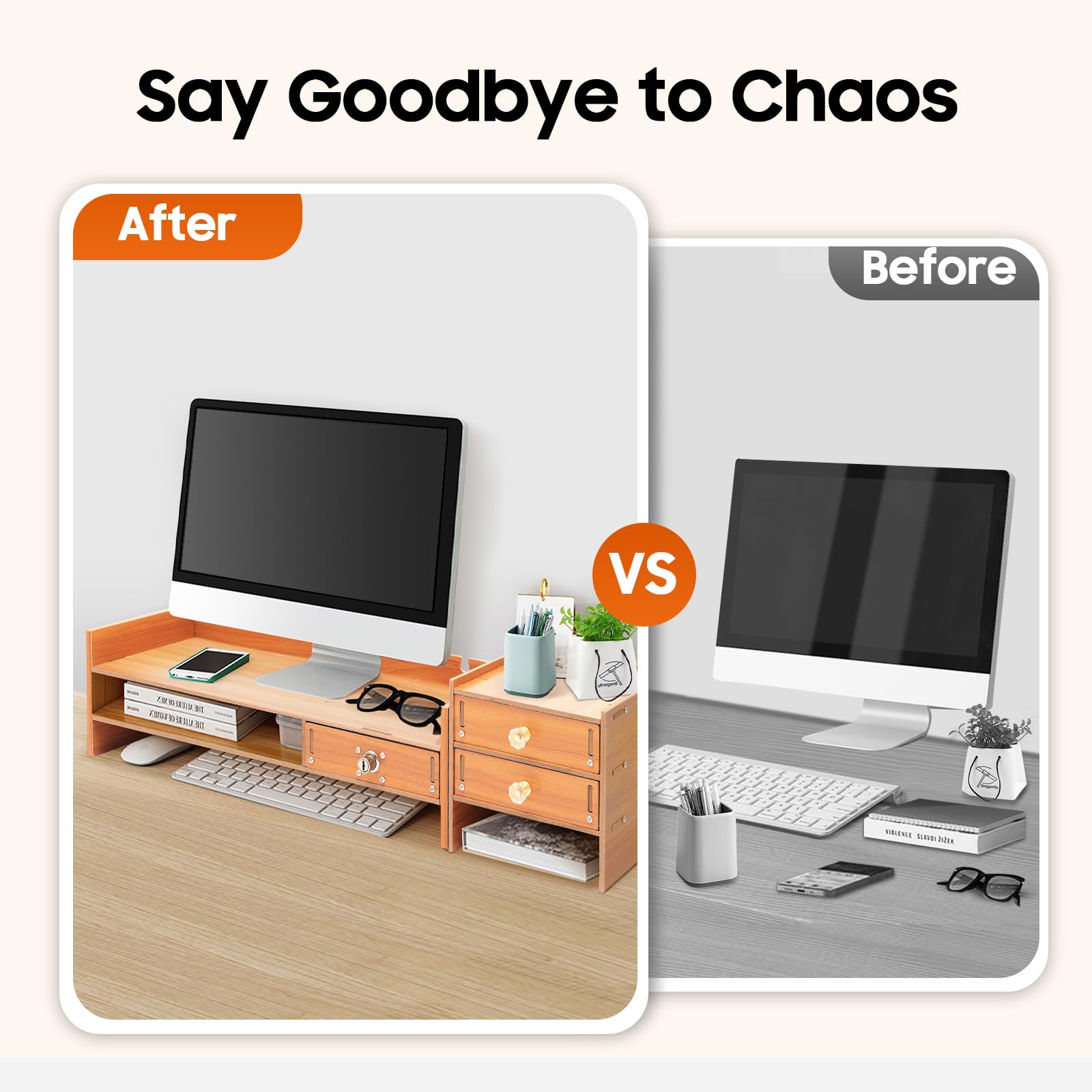 Supporto per monitor con 3 cassetti e scomparto per chiavi, organizer da scrivania in MDF, 65,5 cm, altezza regolabile per ufficio/casa, effetto legno, con supporto per cellulare e chiavi