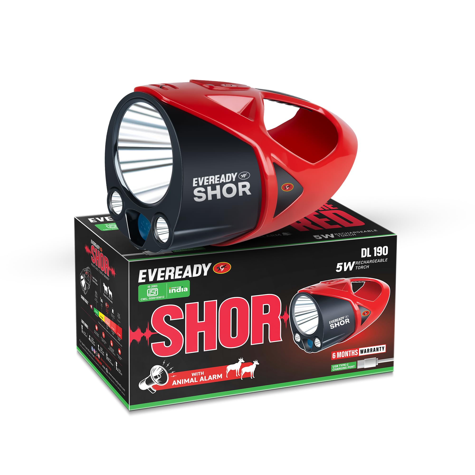 EVEREADY Shor DL190, Commander Torch, 5W Front Light & 3W Sidelight, Rechargeable, USB Type-C Fast Charging, Light Strobe, 100 dBA Animal Alarm, Powered by Li-ion Battery-image-41