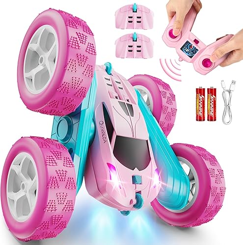 Coches de control remoto rosa para niñas, 2.4 GHZ, auto de acrobacias RC de doble cara, giratorio de 360, control remoto con faros, juguetes de