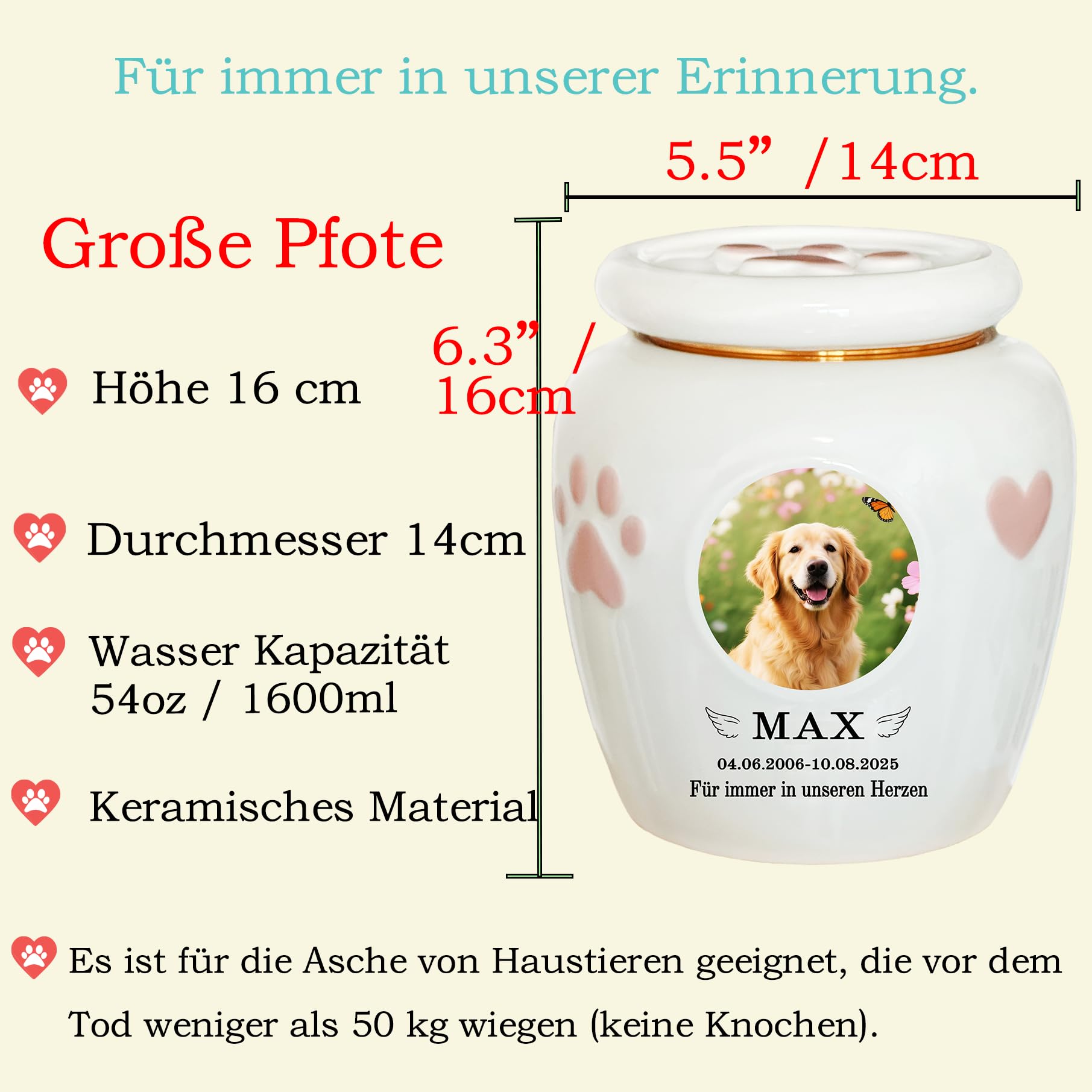 Generisch Personalisierte Hundeurne, Haustierurne für Hundeasche, Große Pfote, Geeignete Asche ≤50KG