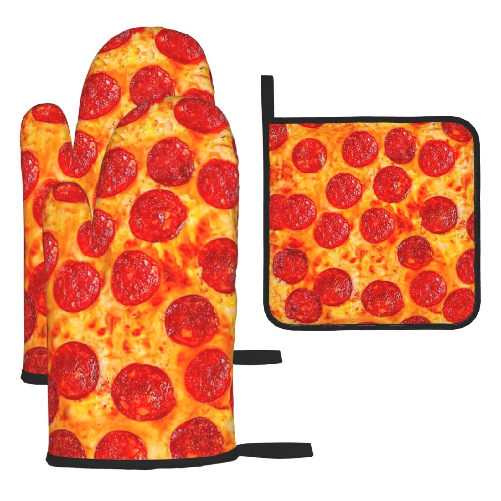 Yyoretp Black 3D Pizza Pepperoni Print Oven Mitts And Potholders Bbq Gloves-Oven Mitts And Pot Holders For Cooking Baking