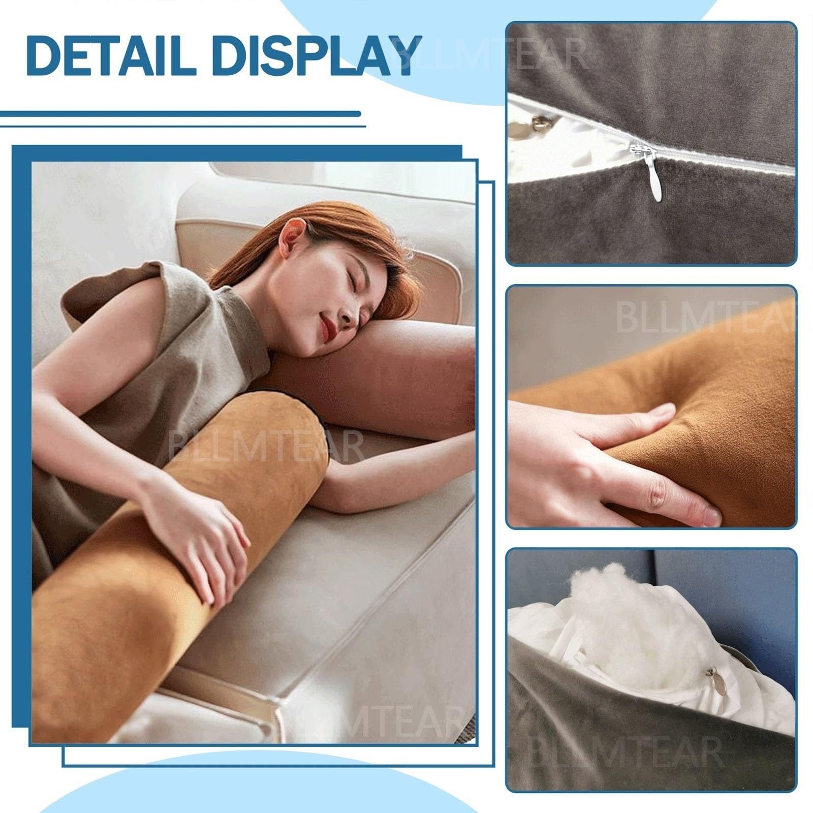 Zylindrisches Nackenrolle 15x40/15x50/20x60 Samt Rohrkissen Bequemes Multifunktional Reisekissen Abnehmbar Kissenrolle Rollenkissen for Nacken, Beine, Rücken, Bett, Yoga(@6,20x120cm/8x47in)