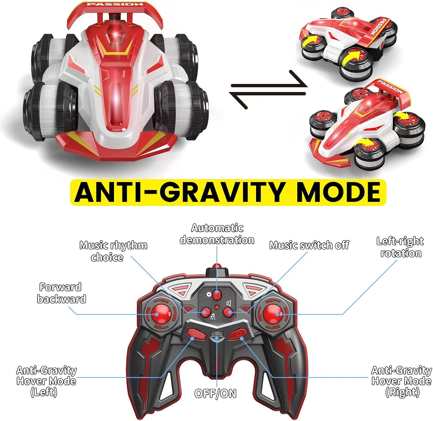 LOOZIX Upgraded Remote Control Car 360° Spins RC Car 2- in-1 Anti-Gravity RC Racer Wheelie Drift Stunt Car with Lights&Music Birthday Gifts Toys for 6 7 8 9 10 11 12 Year Old Boys