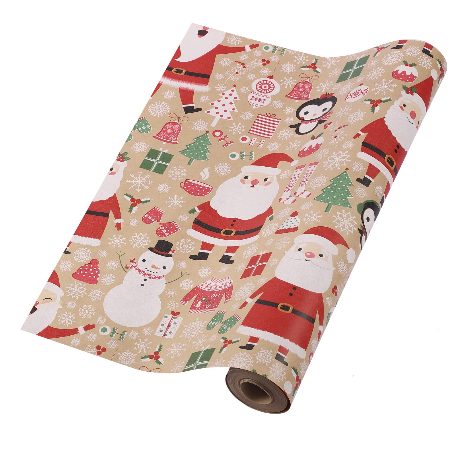 HBell Christmas Wrapping Paper Roll, 43cm x 15m, Kraft Paper with White Star, Dots, Christmas Trees, Moose, Snowflake