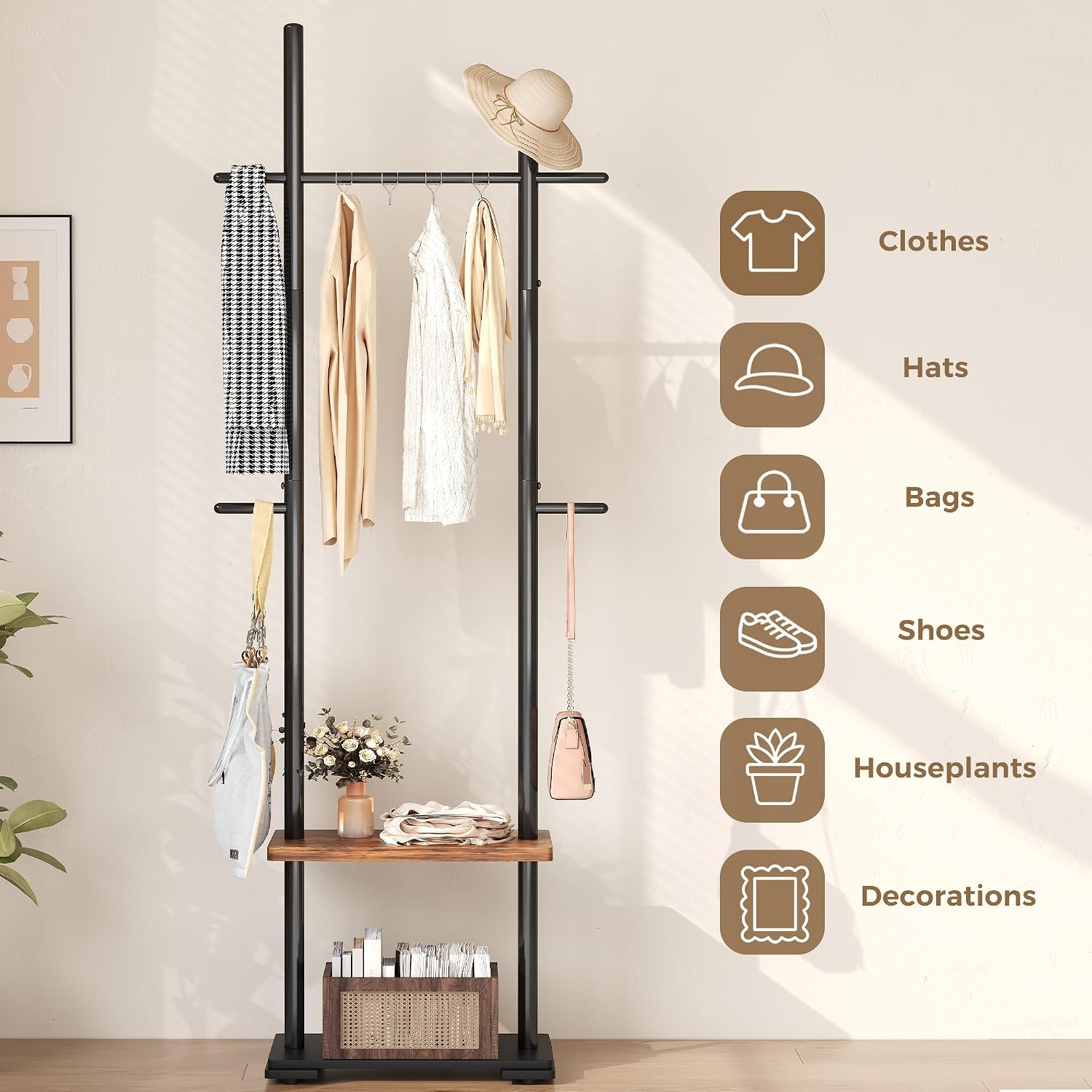 Small Coat Rack Stand, Adjustable Feet, 2 Storage Shelves 73.4”