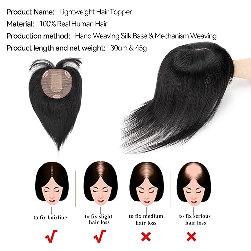 Miniatura 2 de isheeny Toppers de cabello humano de 10 pulgadas para mujer, con flequillo, color negro natural para mujer, con cabello fino y pérdida de cabello