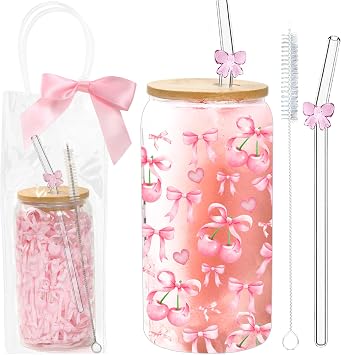 Coquette Bow Glass Cup - Pink Bow Tumbler with Lids And Straws, Clear Gift Bag, Iced Coffee Smoothie, Bow Tumbler, Vintage Bows Aesthetic Drinking Jar Bow Gifts For Women Teen Girl