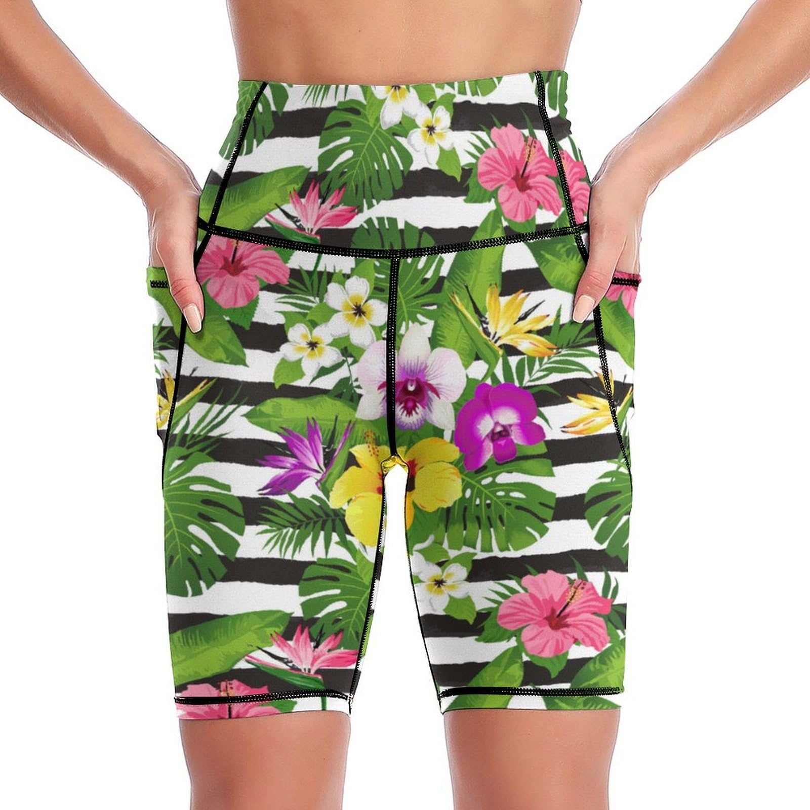 Msokazzles Women's Tropical Flowers Striped High Waist Workout Yoga Shorts For With Pockets Tummy Control Yoga Leggings Running Gym Biker Shorts, Large