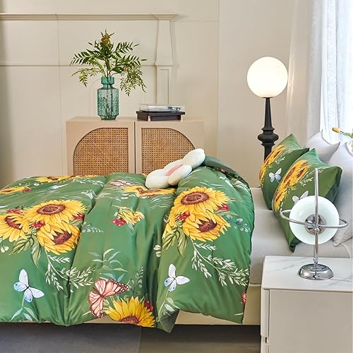 Miniatura 7 de Juego de edredón verde de girasol, juego de ropa de cama de 3 piezas con flores amarillas con plumón alternativo de mariposa, juego de edredón