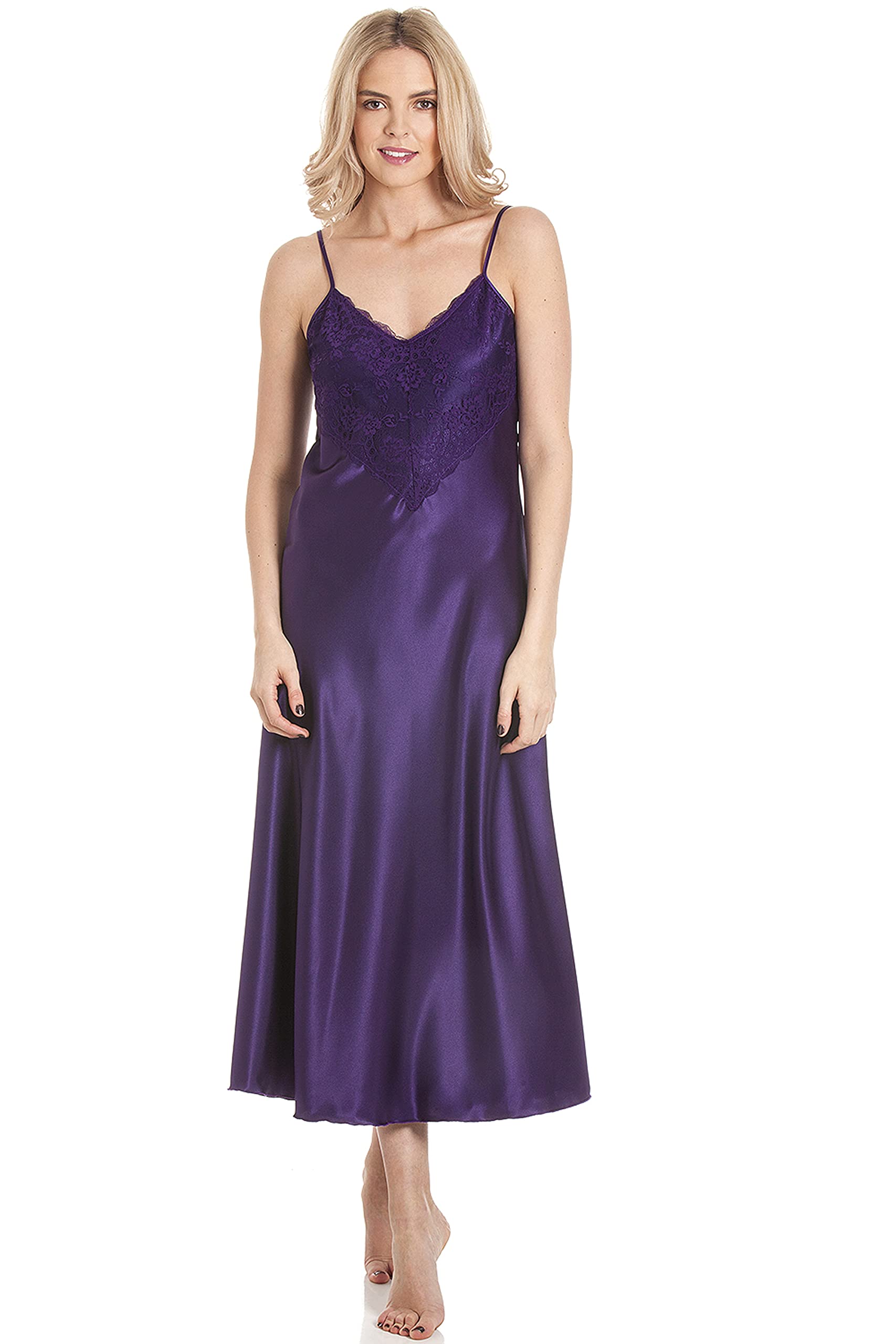 Ozmoint English Made Satin Strap Long Nightdress with Deep Lace Detail by Lady Olga (N50) (18-20, PURPLE)