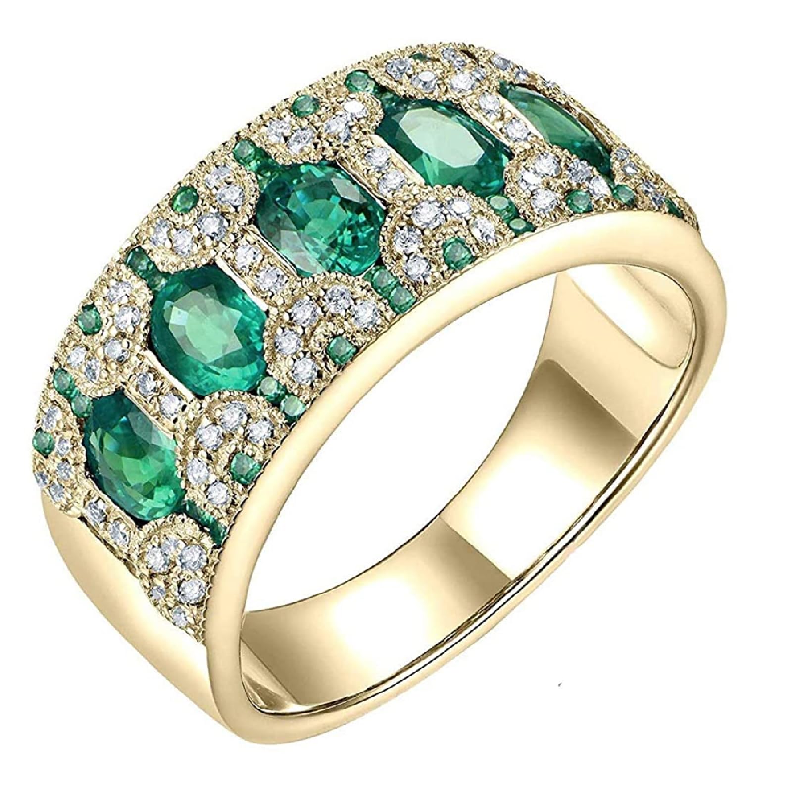 Ringe Damen Elegant, Verlobungsring Damen 63 14K Gelbgold Tansanit Diamant Bandring mit 1,58 Smaragd für Geburtstag Schmuck